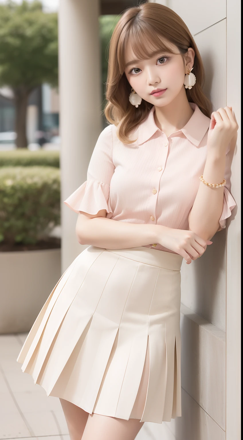 Portrait in girlish business style for spring and summer。Model has medium hair with fluffy curled bangs and honey blonde。She wears a pastel pink blouse、White pleated skirt、Wearing beige pumps。Accessories include pearl earrings and delicate bracelets。
