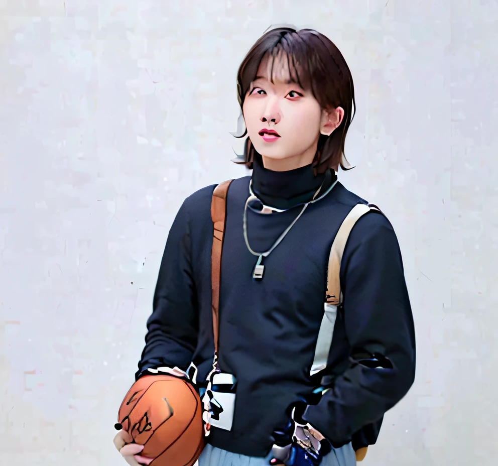A man holds a basketball and a cell phone, Cai Xukun, he is wearing a brown sweater, taehyung eating gucci fries, Wearing track suit, wearing basketball jersey, wearing a turtleneck and jacket, Inspired by Bian Shoumin, wearing a baggy, Wearing track suit, jungkook, in white turtleneck shirt, resin