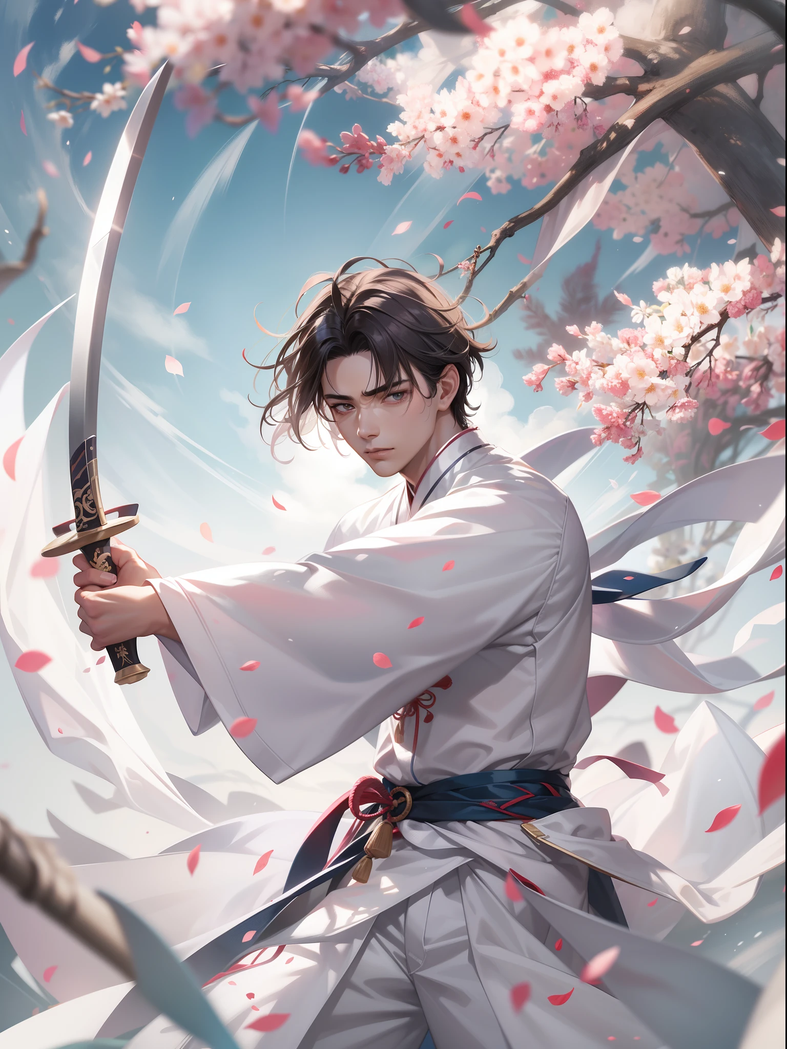 (a teenager male swings chinese sword),(handsome male), (white hanfu), wind surround, colorful flowers surround, reality, clear face, clear and bright eyes, high detail, cinematic lighting, motion blur, ray tracing, reflection light, (close-up), masterpiece, best quality, high quality, anatomically correct, textured skin, high details, super detail, 1080P, UHD, HD