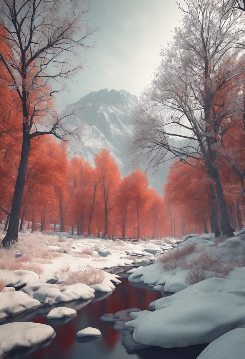 minimalist landscape,bare trees forest,masterpiece,best quality,high quality,extremely detailed wallpaper of cg unity 8k,award winning photography,void,shallow depth of field,chromatic_aberration,extremely detailed,popular on art stations,intricate complex,high detail texture,dramatic strong,the art of midway,snow,a tranquil river flows through the sparse,ice floes,big red house,scenery,mountain,no humans,outdoors,sky,landscape,tree,mountains full of sunshine,The Snow Mountain of Sunrise,wide angle lens,