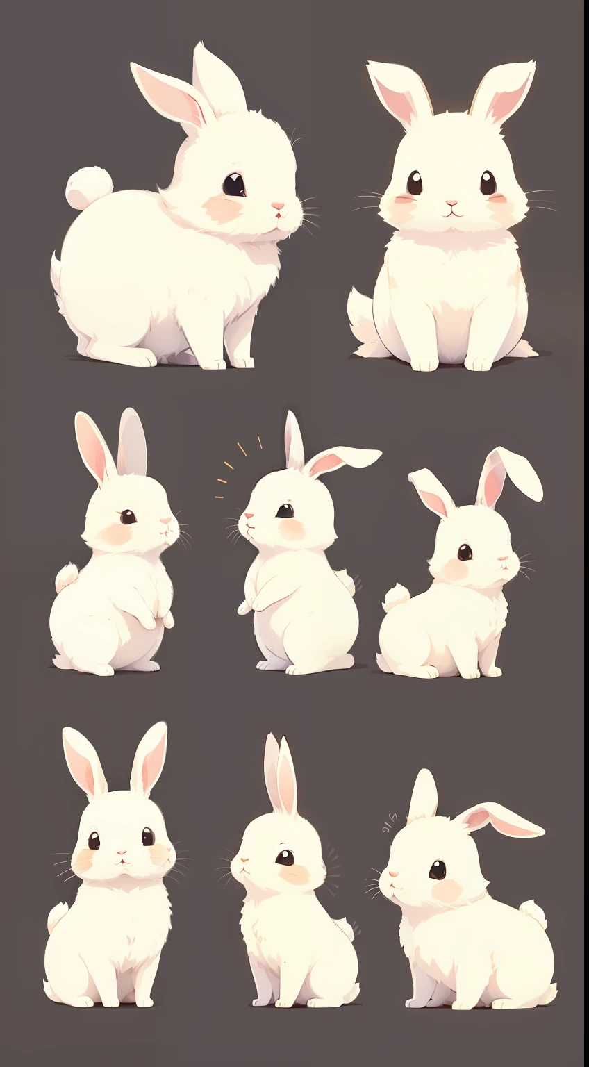 Cute rabbit character, suns, Various poses and expressions on white background, Animal forest, Children's book illustration style, ، simple, organism, White round short tail, Drawing, Spring is colorful