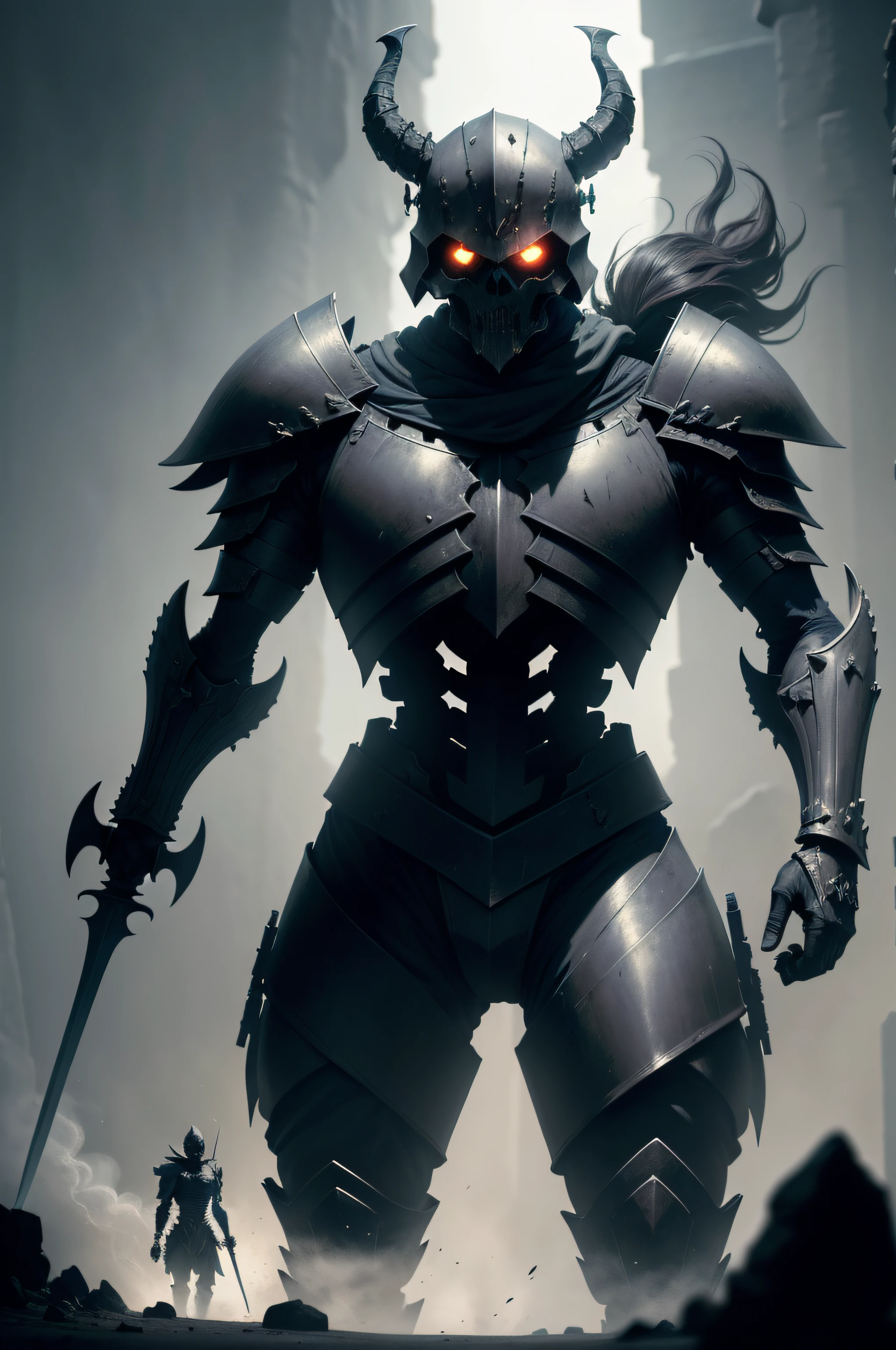 The image depicts a skeleton, an intimidating ancient war helmet. The helmet has a robust design with intricate details and an air of awe. The skeleton is standing, with an erect and imposing posture. He seems to be talking to an infernal soldier. The infernal soldier is a demonic figure with horns, scaly skin, and glowing eyes. He is wearing dark, sinister armor, with a sword or spear gripped in one hand. The hell soldier is also on his feet, testing the skeleton with a determined expression. The scene takes place in a dark and gloomy environment, such as a desolate battlefield or a hellish realm. There may be additional elements such as smoke, flames or debris to create a more dramatic and intense atmosphere.