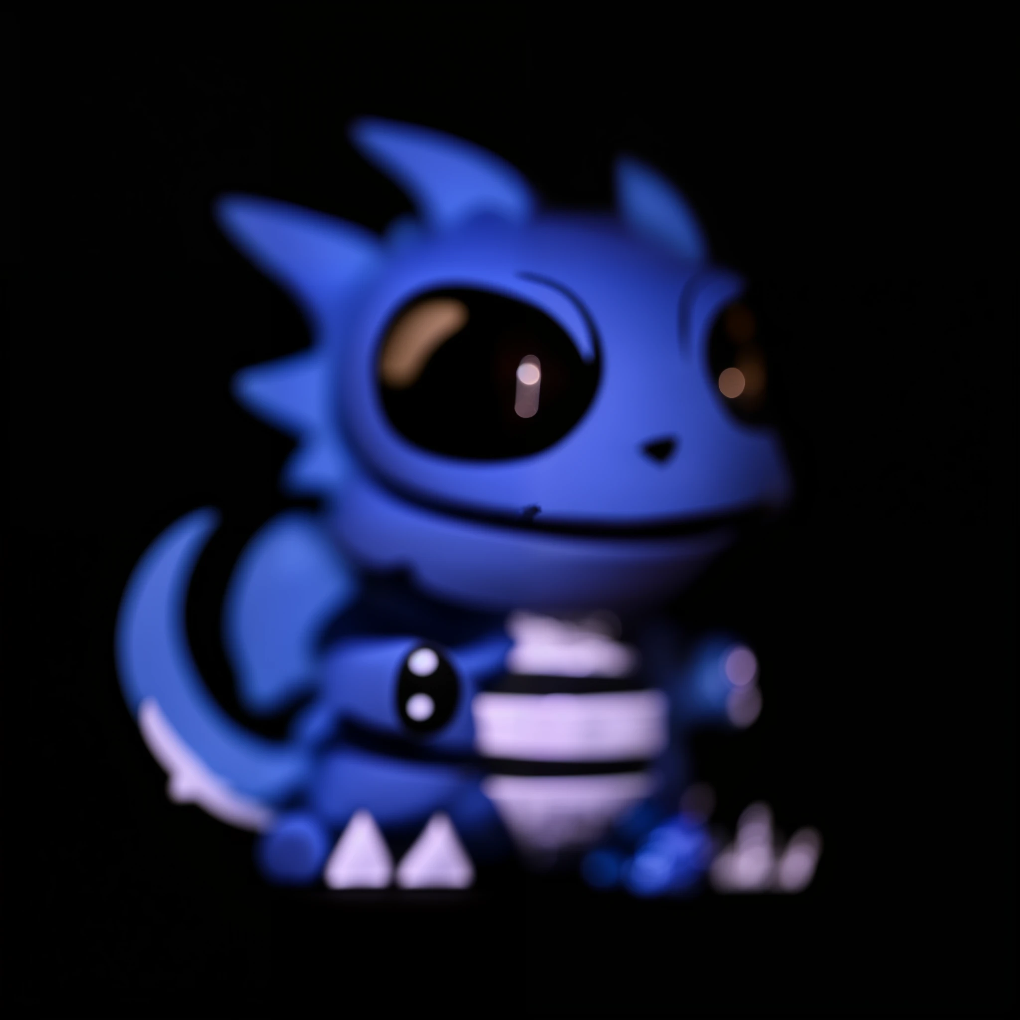 In the darkness sits a blue and white dragon statue, a cute little blue dragon, adorable glowing creature, tchibi, lucky, cute little dragon, guggimon, Blue dragon, blue colors, blue scaly dragon, a baddass dragon, Blue glowing eyes, cute fumo chibi plush imp, 3D, blue colors