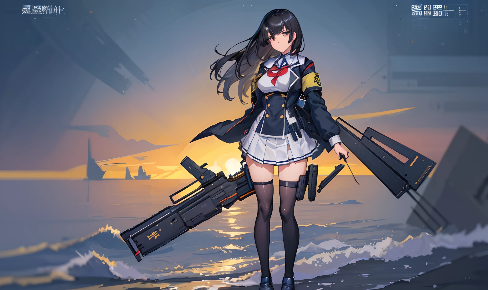 a masterpiece of,(perfect anatomia:1.4), best qualtiy, high_resolution, Fine details, highly detailed and beautiful, Distinct_image, (solo women), ,(huge-breasted), thighhigh,Long Black Hair,Anime girl in short skirt and jacket with jacket on shoulder, Fine details. girls' frontline, girls frontline style, from girls frontline, girls frontline cg, anime full body illustration, Realistic Schoolgirl, marin kitagawa fanart, girls frontline universe, girls' frontline, a hyperrealistic schoolgirl, full-body xianxia