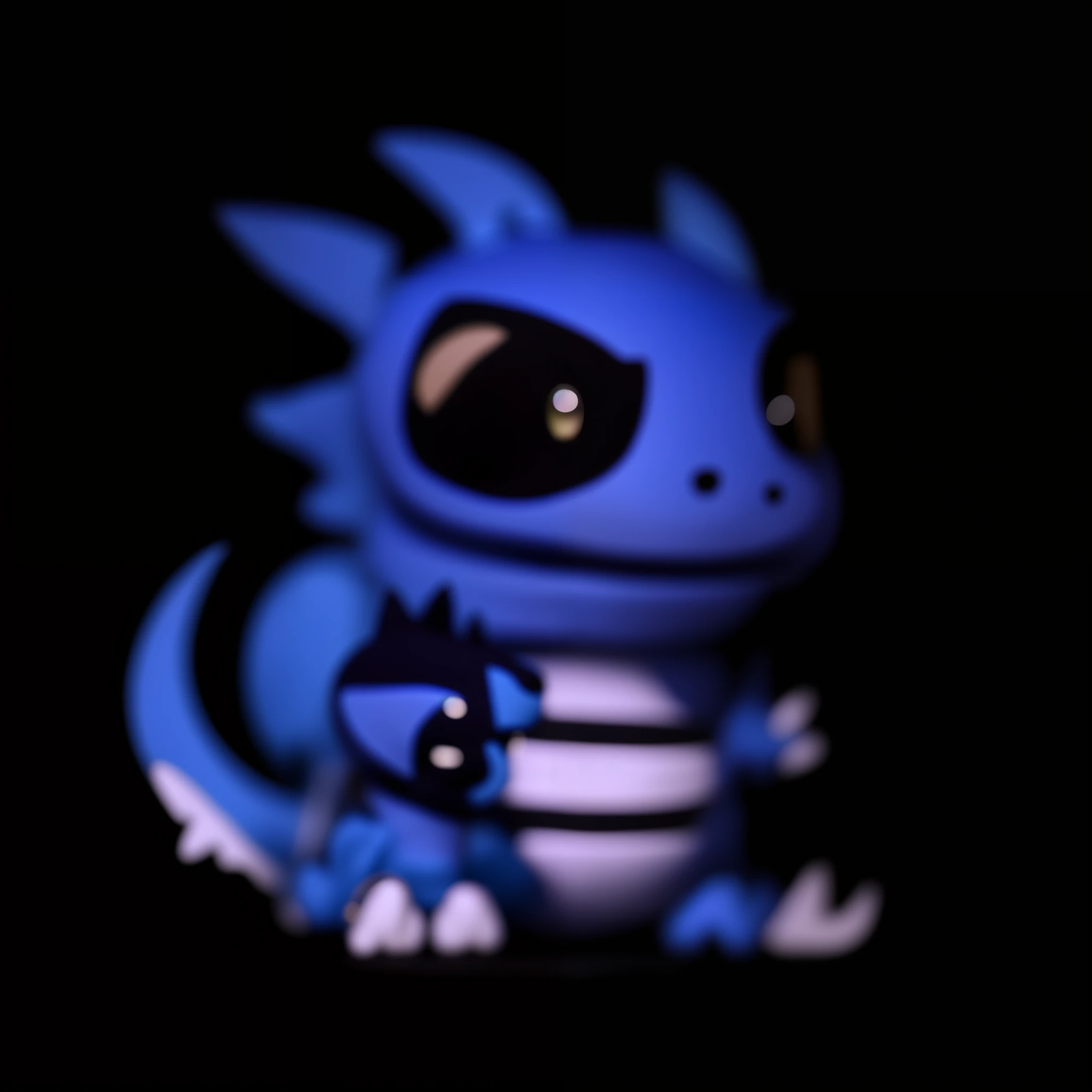 In the darkness sits a blue and white dragon statue, a cute little blue dragon, adorable glowing creature, tchibi, lucky, cute little dragon, guggimon, Blue dragon, blue colors, blue scaly dragon, a baddass dragon, Blue glowing eyes, cute fumo chibi plush imp, 3D, blue colors