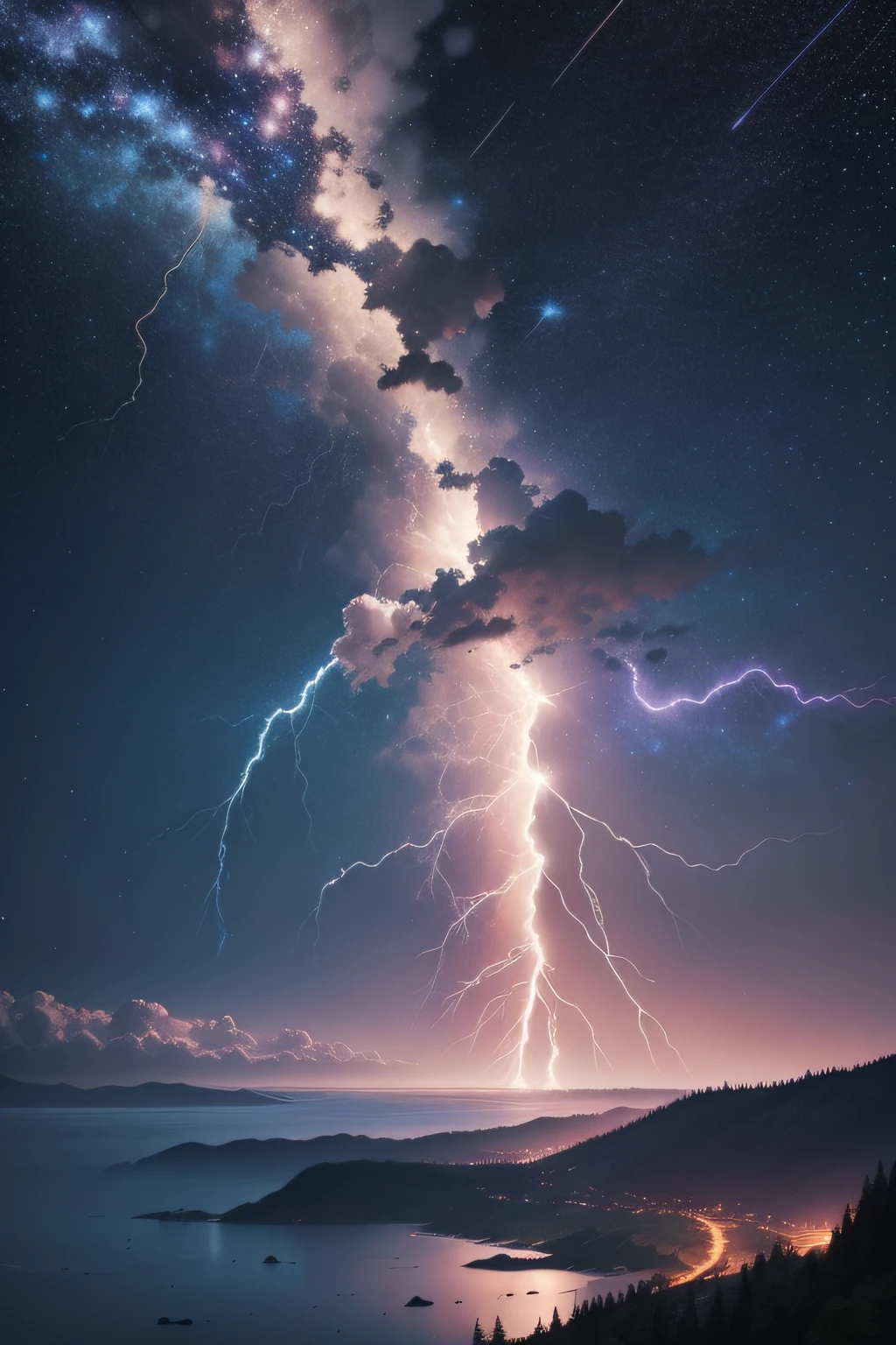 Starry sky fireworks and lightning