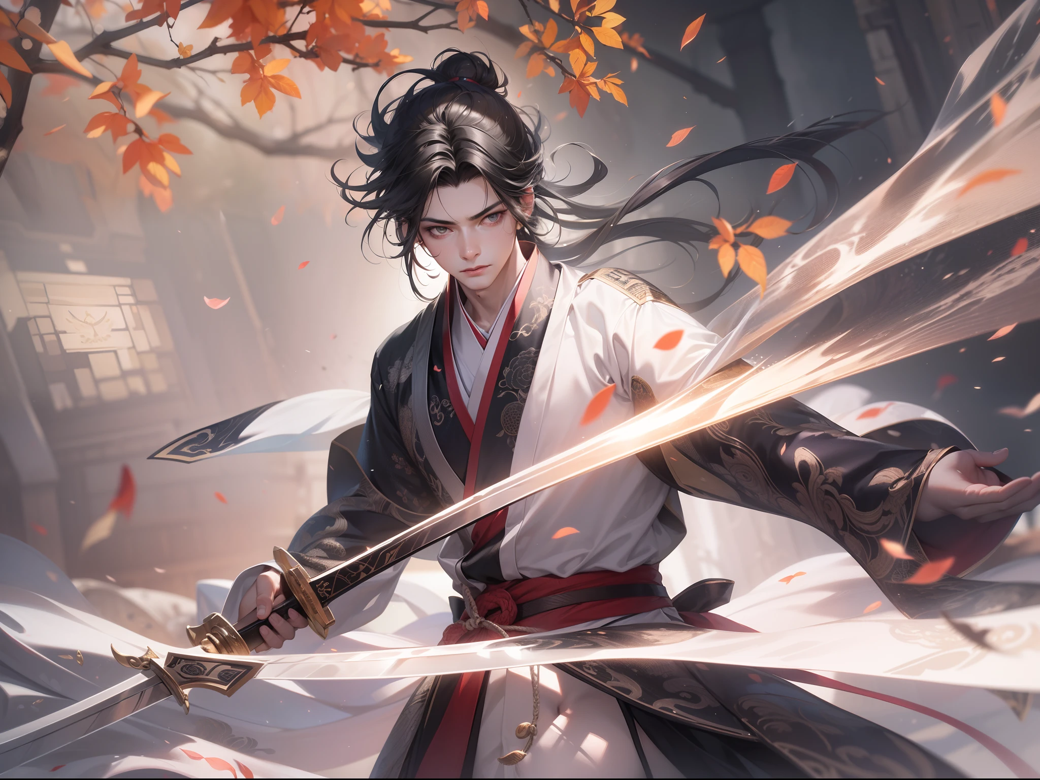 (a teenager male swings a Chinese sword),(handsome male), (hanfu), ink water surrounded,wind surrounded, reality, clear face, clear and bright eyes, high detail, cinematic lighting, motion blur, ray tracing, reflection light, (close-up), masterpiece, best quality, high quality, anatomically correct, textured skin, high details, super detail, 1080P, UHD, HD