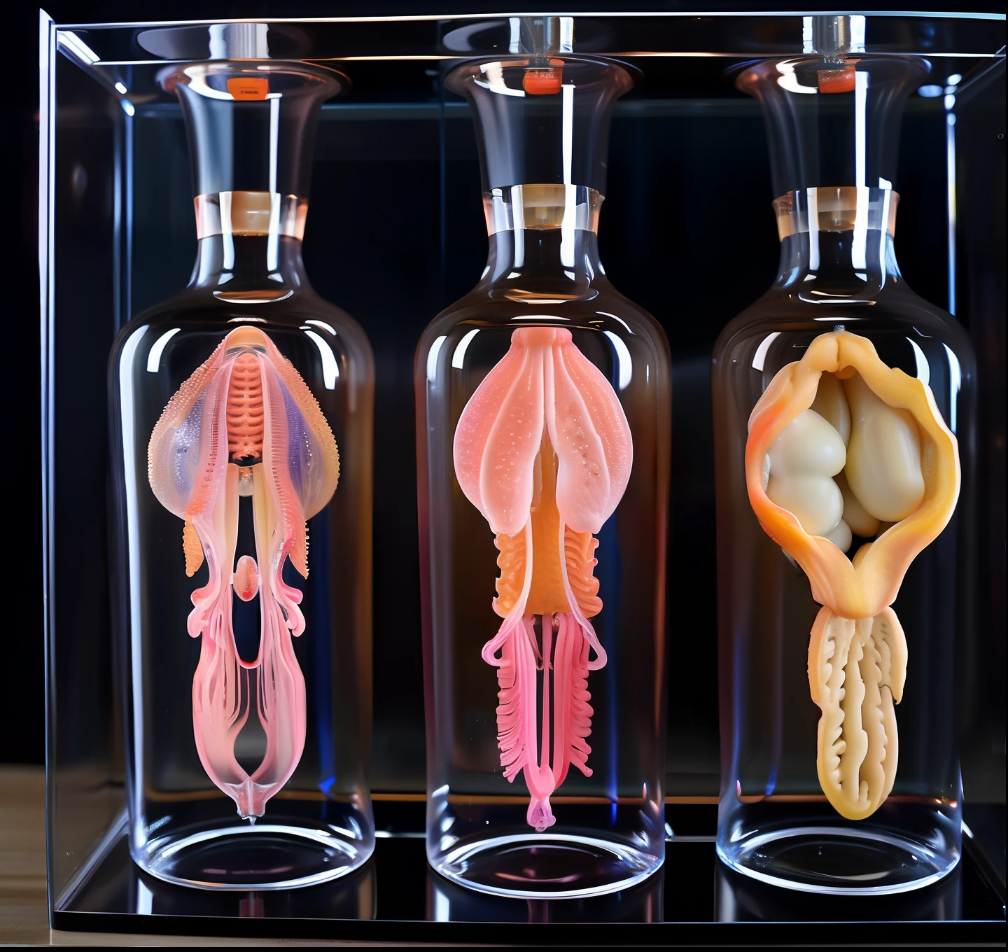 (The female reproductive system), (ovary), (oviduct), (uterus), (Vaginal interor), (all of them Float in a glass container filled with liquid), masterpiece, top-quality,photorealistic