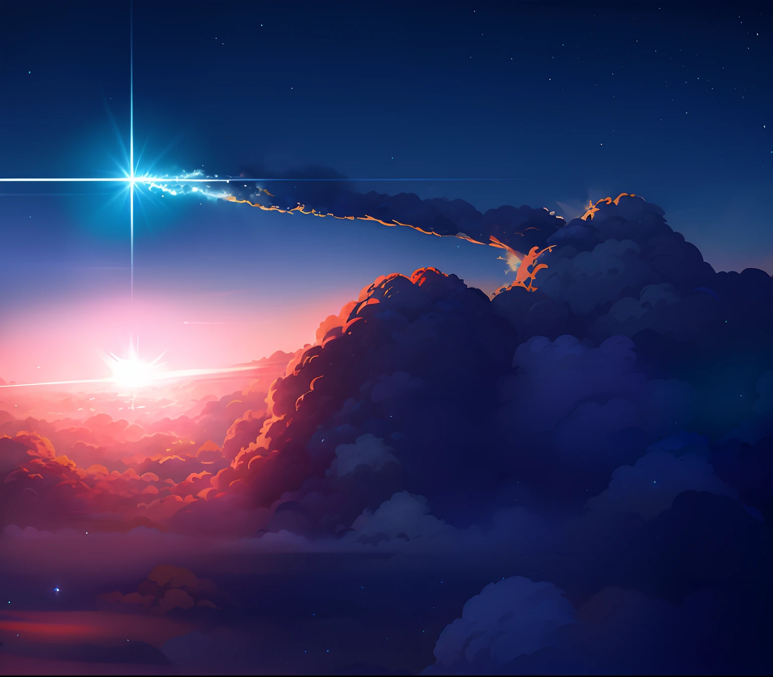 There is a bright star shining in the misty sky, Makoto Shinkai Cyril Rolando, Anime art wallpaper 8 K, amazing wallpapers, Cosmos Sky. By Makoto Shinkai, Anime art wallpaper 4 K, Anime art wallpaper 4k, Shining meteors, 4K anime wallpaper, shooting star in background, A beautiful artwork illustration, Anime wallpaper 4 k, Glowing clouds