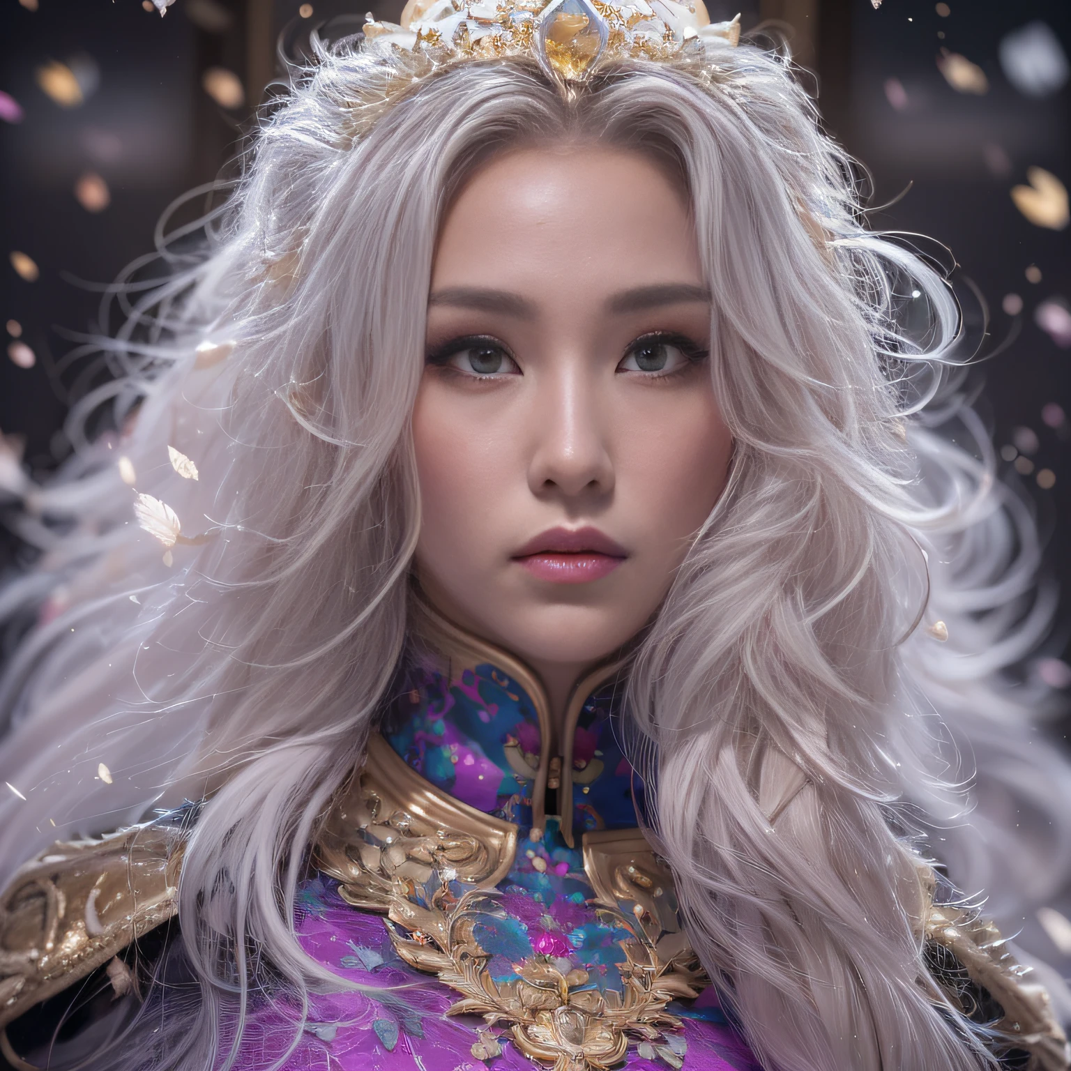 32K(tmasterpiece,k hd,hyper HD,32K)short detailed hair,Gold jewelry area in the back room,Flame Girl ,Yao Lang protector (realisticlying:1.4),Python pattern robe,Purple-pink tiara,Snowflakes fluttering,The background is pure,Hold your head high,Be proud,The nostrils look at people, A high resolution, the detail, RAW photogr, Sharp Re, Nikon D850 Film Stock Photo by Jefferies Lee 4 Kodak Portra 400 Camera F1.6 shots, Rich colors, ultra-realistic vivid textures, Dramatic lighting, Unreal Engine Art Station Trend, cinestir 800,Hold your head high,Be proud,The nostrils look at people