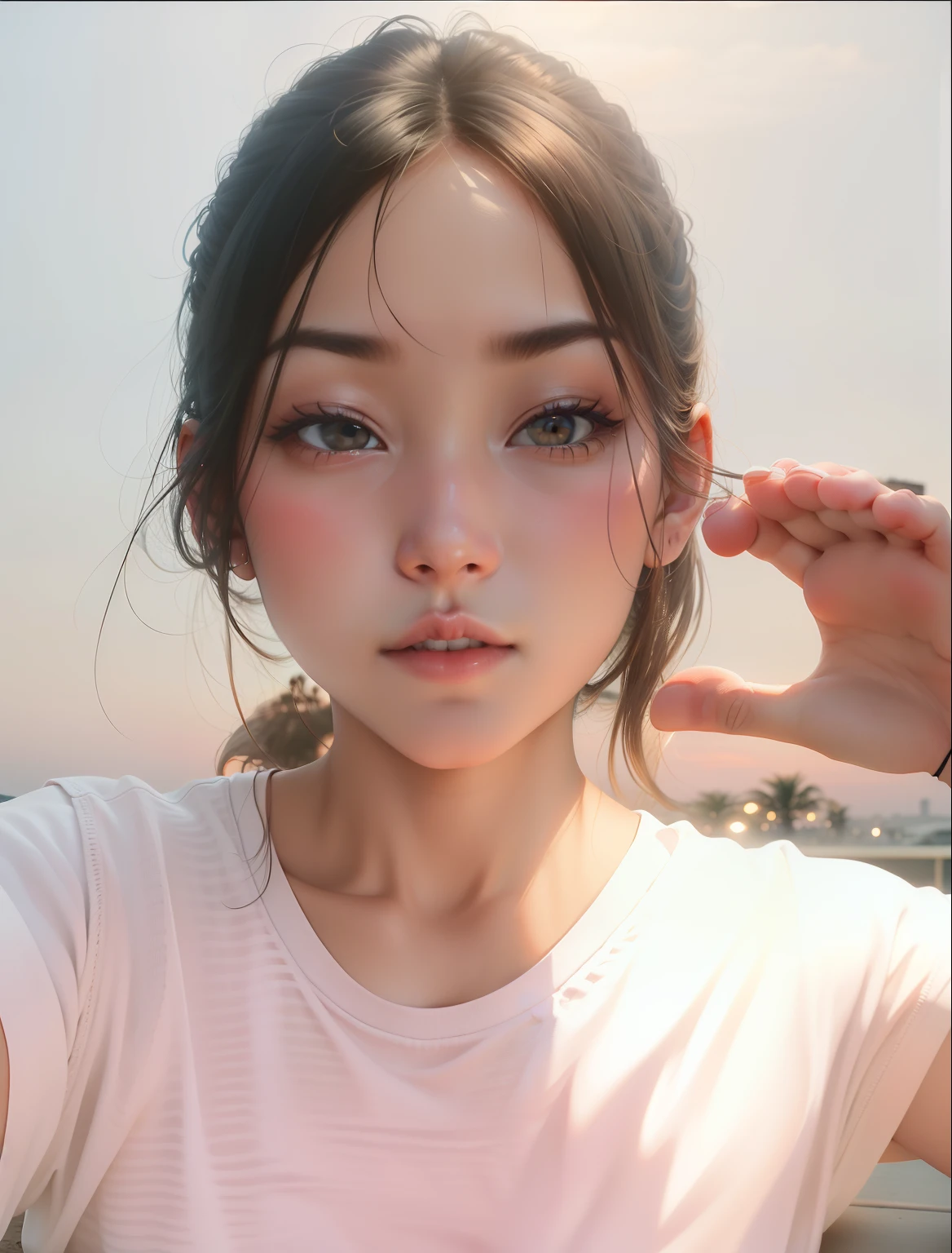 Lateral face，With the sunset as the background，photorealestic，Expose your feet，No socks，female pervert，pure and cute