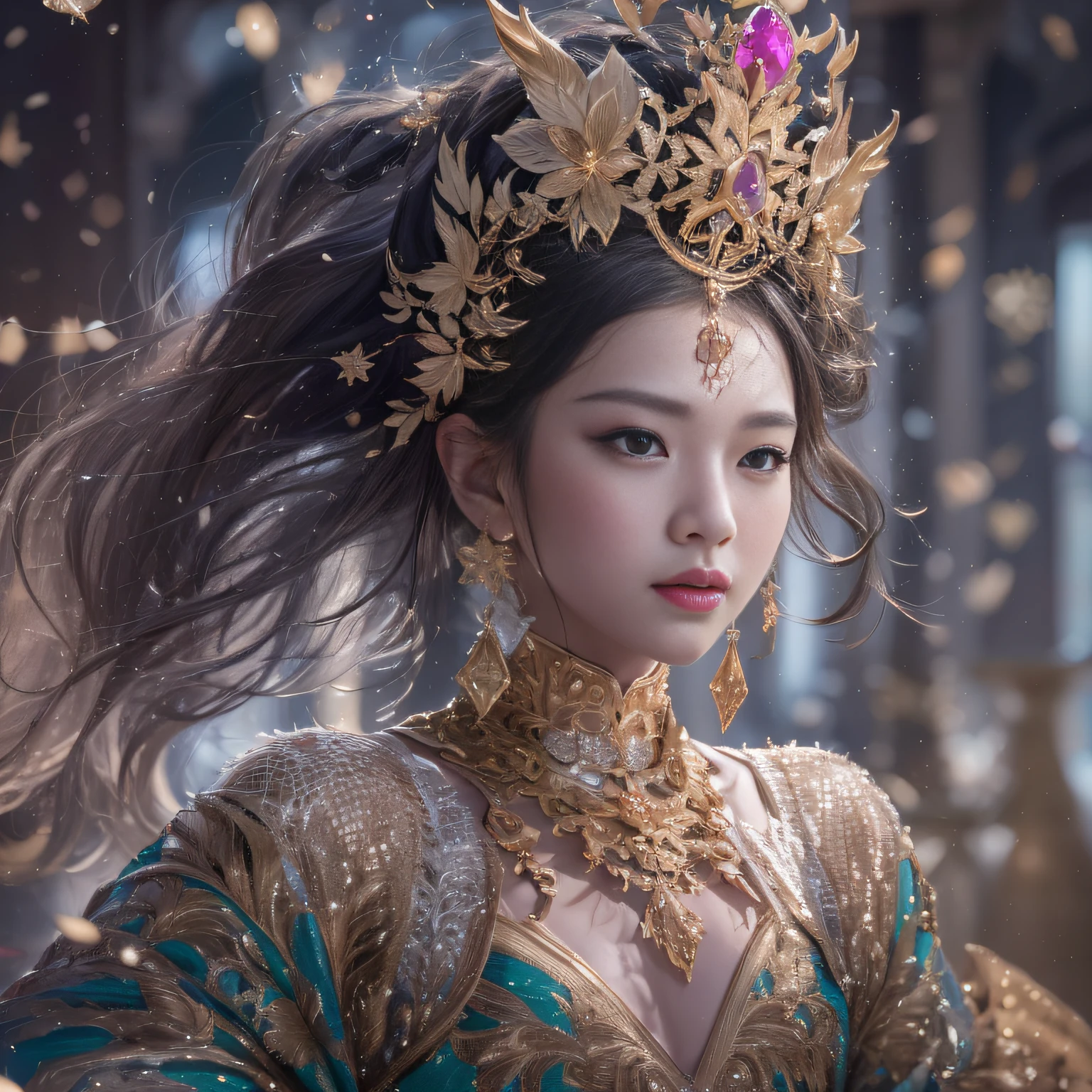 32K(tmasterpiece,k hd,hyper HD,32K)short detailed hair,Gold jewelry area in the back room,Flame Girl ,Yao Lang protector (realisticlying:1.4),Python pattern robe,Purple-pink tiara,Snowflakes fluttering,The background is pure,Hold your head high,Be proud,The nostrils look at people, A high resolution, the detail, RAW photogr, Sharp Re, Nikon D850 Film Stock Photo by Jefferies Lee 4 Kodak Portra 400 Camera F1.6 shots, Rich colors, ultra-realistic vivid textures, Dramatic lighting, Unreal Engine Art Station Trend, cinestir 800,Hold your head high,Be proud,The nostrils look at people