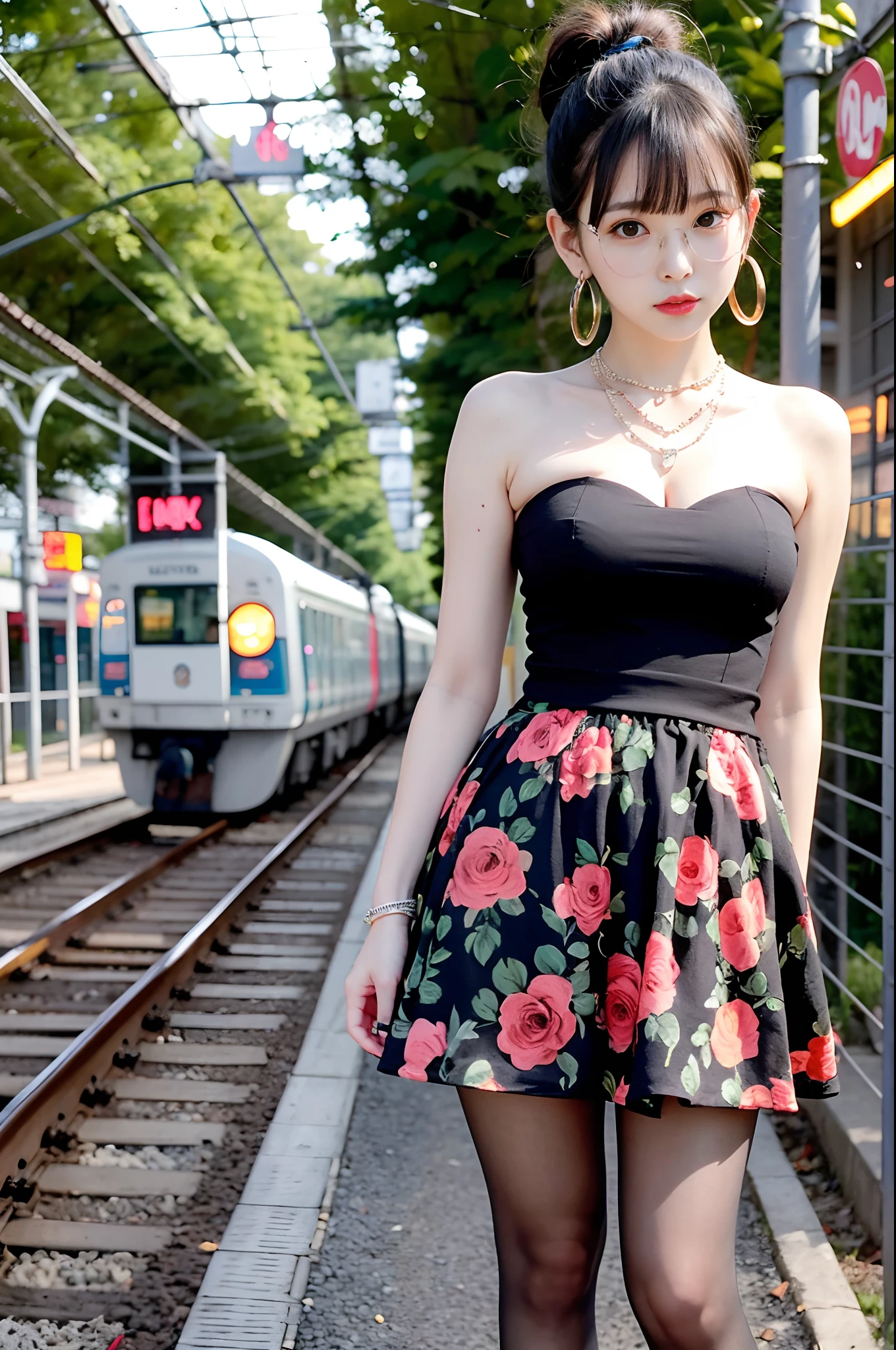 tmasterpiece,Sunset on the railway,A girl stands,Black heels,Black tights,big earrings,Thin chain necklace,Red strapless floral dress,Qi bangs short ponytail,round frame glasses