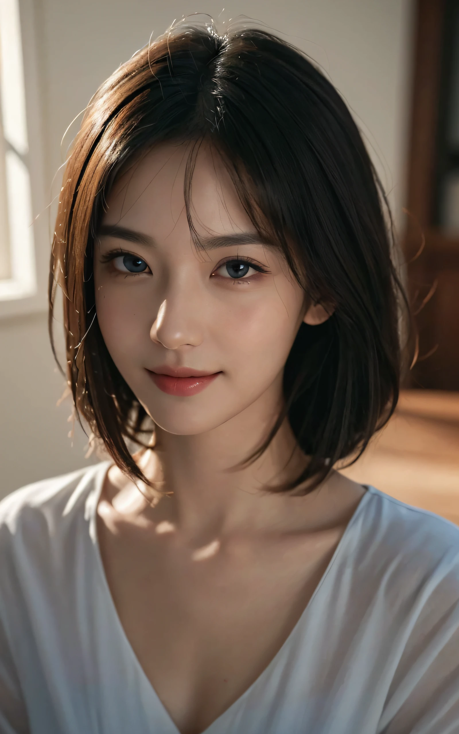 (Masterpiece:1.3), (8k, Photorealistic, RAW Photography, Best Quality: 1.4), soft light, professional lighting, 1girl, cute, neat and clean beauty, closed mouth, smile, Brown short hair, bangs,