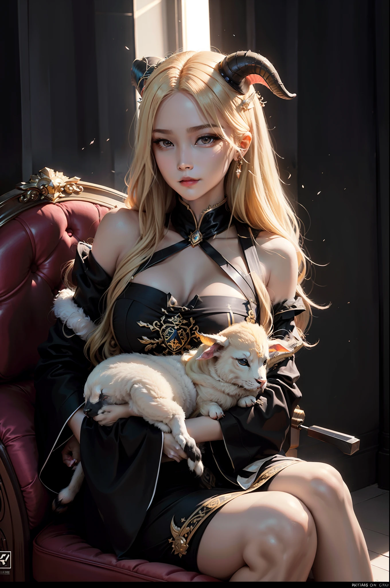 Exotic dark style，2D Screen，Beautiful image of royal sister，Abstinence，a sense of atmosphere，Lazily lying on the throne，Holding a confused lamb in his arms，Contempt for those who look down on him。Long blonde hair，Pair it with a pair of pitch-black horns，Wearing a black and red robe，Holding Erlang's legs，perfectly proportions，PBR Texture、post-proces、Anisotropy Filtering、depth of fields、maximum definition and sharpness、Many-Layer Textures、Albedo e mapas Speculares、Surface coloring