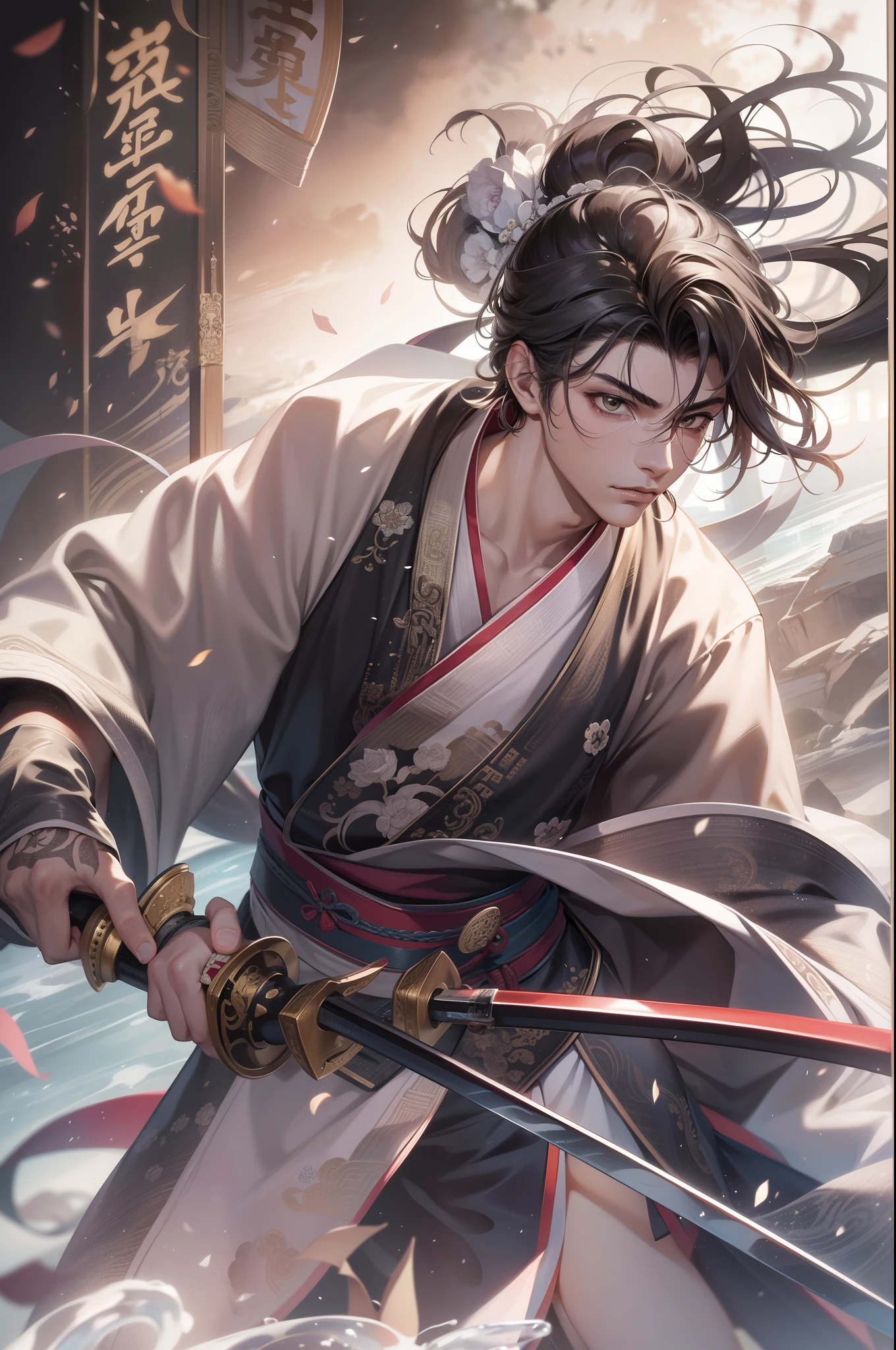 (a ager male swings a Chinese sword),(handsome male), (hanfu), ink water surrounded,wind surrounded, reality, clear face, clear and bright eyes, high detail, cinematic lighting, motion blur, ray tracing, reflection light, (close-up), masterpiece, best quality, high quality, anatomically correct, textured skin, high details, super detail, 1080P, UHD, HD