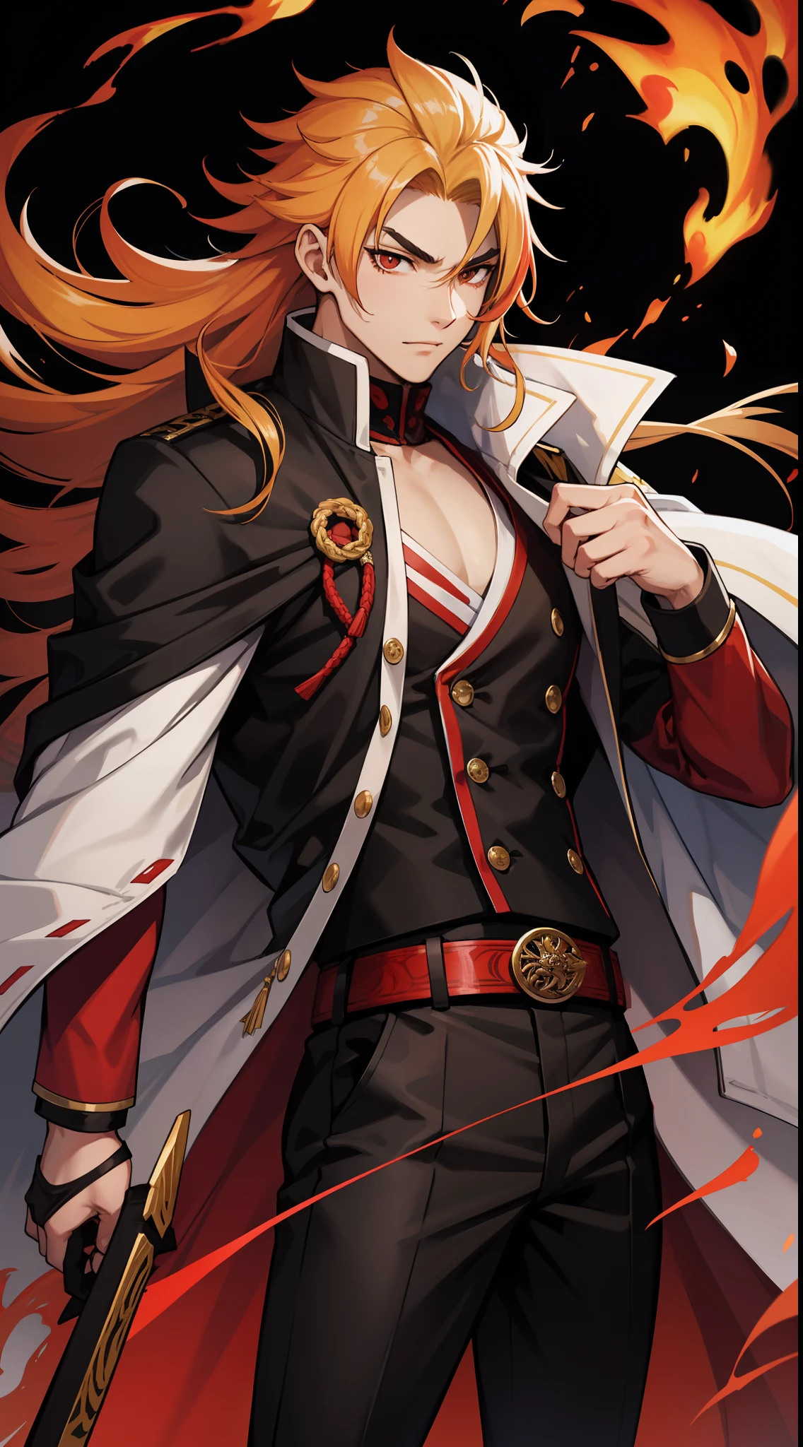 Rengoku Kyojuro,Rengoku Kyoujurou, two-tone hair, blonde hair, red hair, thick eyebrows, 1boy, demon slayer uniform, black jacket, black pants, belt, white cape, flame print