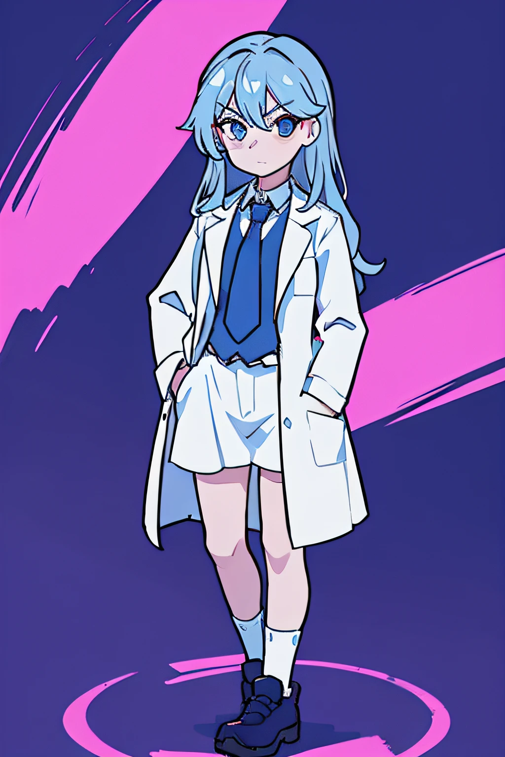 whole body,entire body,full body,total body,standing,upright stance,erect posture,simple background,plain background,basic background,One girl、sleepy、Put your hands in your pockets、Hair color is#FFDEAD、Hakase(daily)、length hair、(hair wavy)、wearing lab coat、Fasten a light blue tie、Wearing a white shirt under a lab coat、10 generations, dark circles, Cold, Serious, beautiful lighting、masterpiece、top-quality、high-detail、