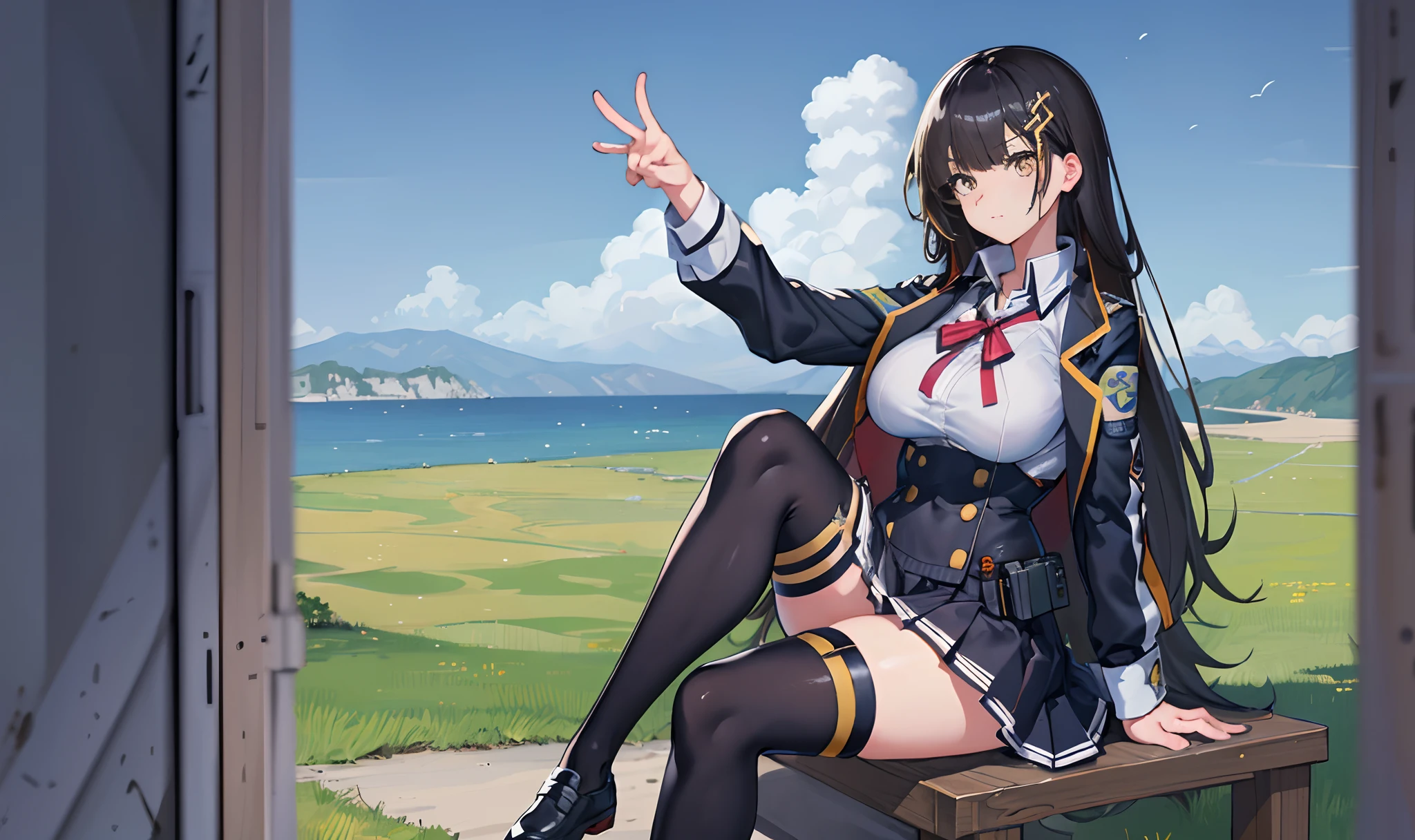 a masterpiece of,(perfect anatomia:1.4), best qualtiy, high_resolution, Fine details, highly detailed and beautiful, Distinct_image, (solo women), ,(huge-breasted), thighhigh,Long Black Hair,Anime girl in short skirt and jacket with jacket on shoulder, Fine details. girls' frontline, girls frontline style, from girls frontline, girls frontline cg, anime full body illustration, Realistic Schoolgirl, marin kitagawa fanart, girls frontline universe, girls' frontline, a hyperrealistic schoolgirl, full-body xianxia