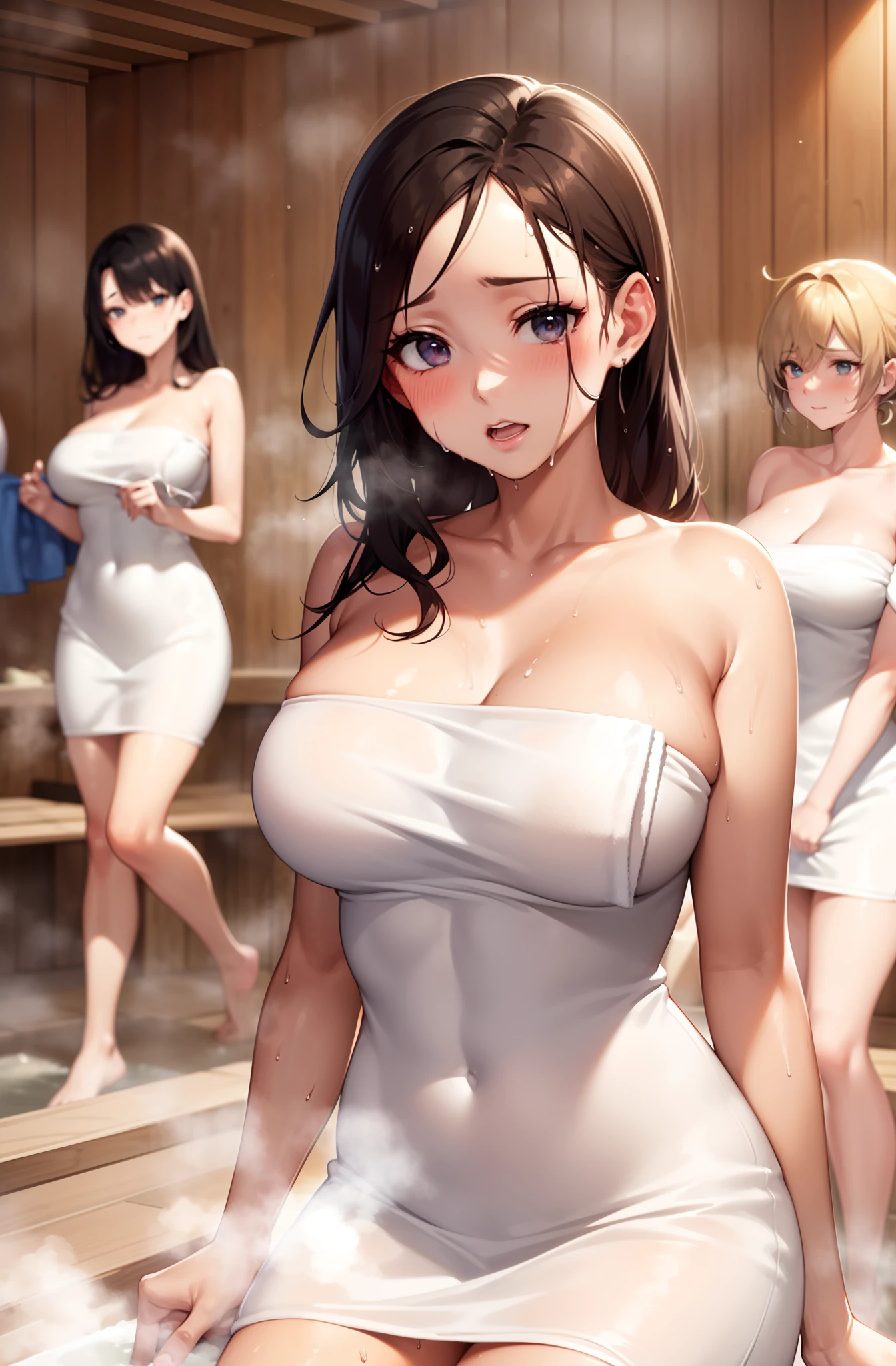 career woman. (sauna). (profuse sweat:1.4). (full of steam:1.4). (wet bath towel:1.4) .(forehead:1.2).(4+women:1.6), masuterpiece, Textured skin,High resolution, Ultra High Definition, top quality, very detailed, professional lighting, top quality, best quality, accurate, Anatomically correct, Textured skin, Super Detail, high details, High quality, Best Quality.perfect anatomy