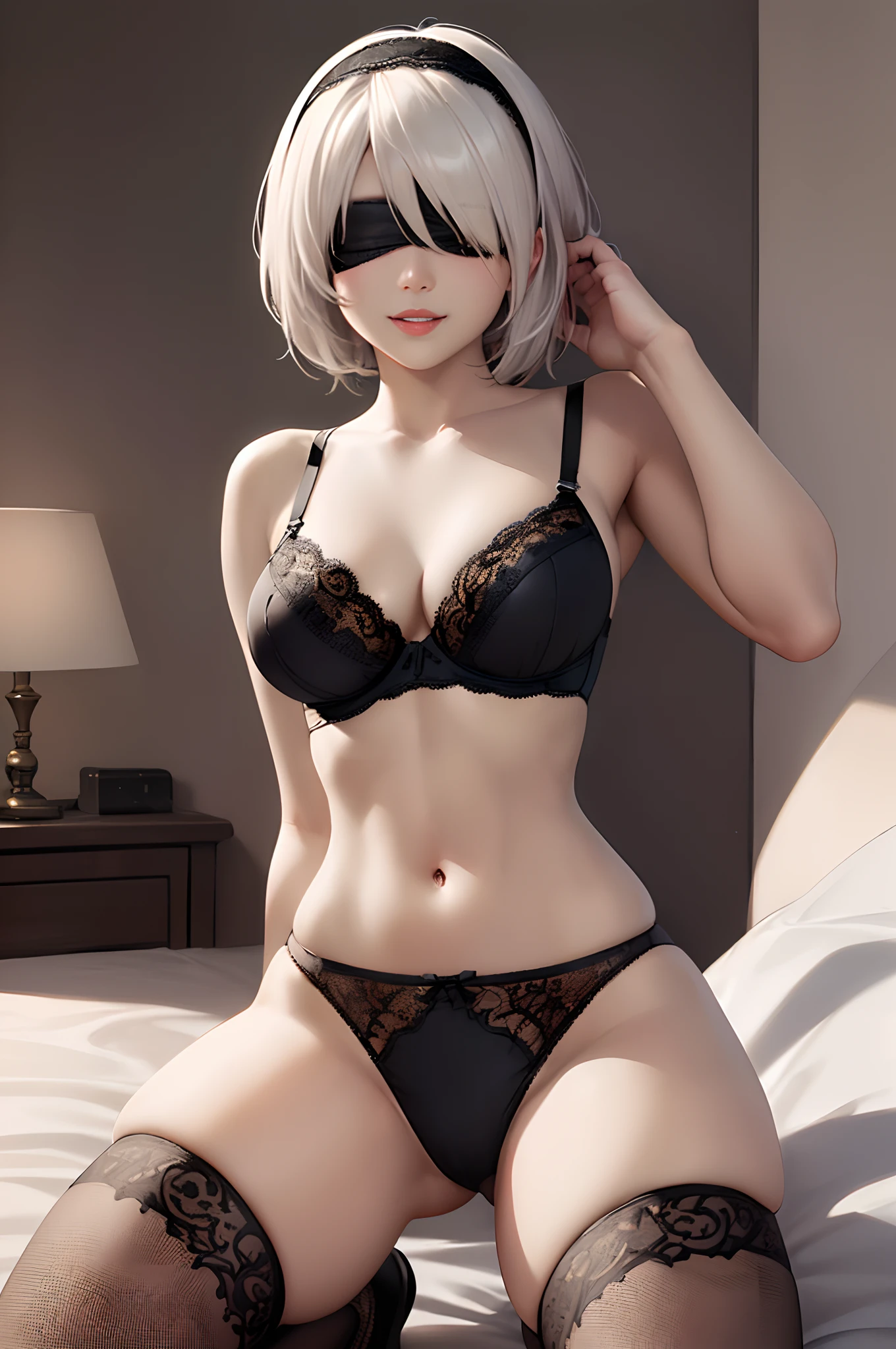 (masutepiece:1.5),(the Extremely Detailed CG Unity 8K Wallpapers,Beautiful breasts,Farbe_aberration,beautiful detailed shadow,Beautiful eyes,Beautiful body,Beautiful skin,beautifull hands,1girl in,Solo:1.5),(from a_Behind,Clean buttocks、clean back:1.4),(Realistic, hyper realisitic:1.5),(Big black blindfold:1.5),(Curve,Model,glamor:1.5),(narrowwaist:1.5),Yorha No. 2 Type B,2b nier automata, 2b from nier automata, 2 b from nier automata, (Hide your hands behind your head:1.4),(White hair,Short hair:1.5),(Seductive smile:1.5),(Kneel:1.5),(realisitic,Hyper-detailing:1.5),(Large breasts:1.5)(spreading legs:1.5),(Gravure Pose:1.3),(Bedroom,on the bed:1.5)(Curve,Model,glamor:1.5),动态照明、(Glossy skin:1.5)、(​masterpiece,top-quality:1.5)、absurderes、(intricate underwear:1.5),(limited pallete:1.5),(cowboys_shot:1.3),(Realistic hair,Glassy hair:1.5),Women in Lingerie,Seductive Girl、beautiful alluring female、 beautiful alluring teen、attractive girl、beautiful a girl、Beautiful Sexy Woman、a sexy girl、(perspiring,Small underwear:1.5)、beautiful artwork、finely detail、best girl、detailed digital art、耳Nipple Ring、jewely、(Ren Hao,Lace trimmed bra,lace-trim,an lingerie,lace trimmed legwear,Black lace:1.3),up looking viewer,a navel、(Black thighs,shairband, black hairband:1.5), Parted lips,A MILF,Huge breasts,(Shiny skin:1.3),Anime girl in black underwear posing for photo,2 b, 2b, , Very detailed ArtGerm, Trending on ArtStation pixiv