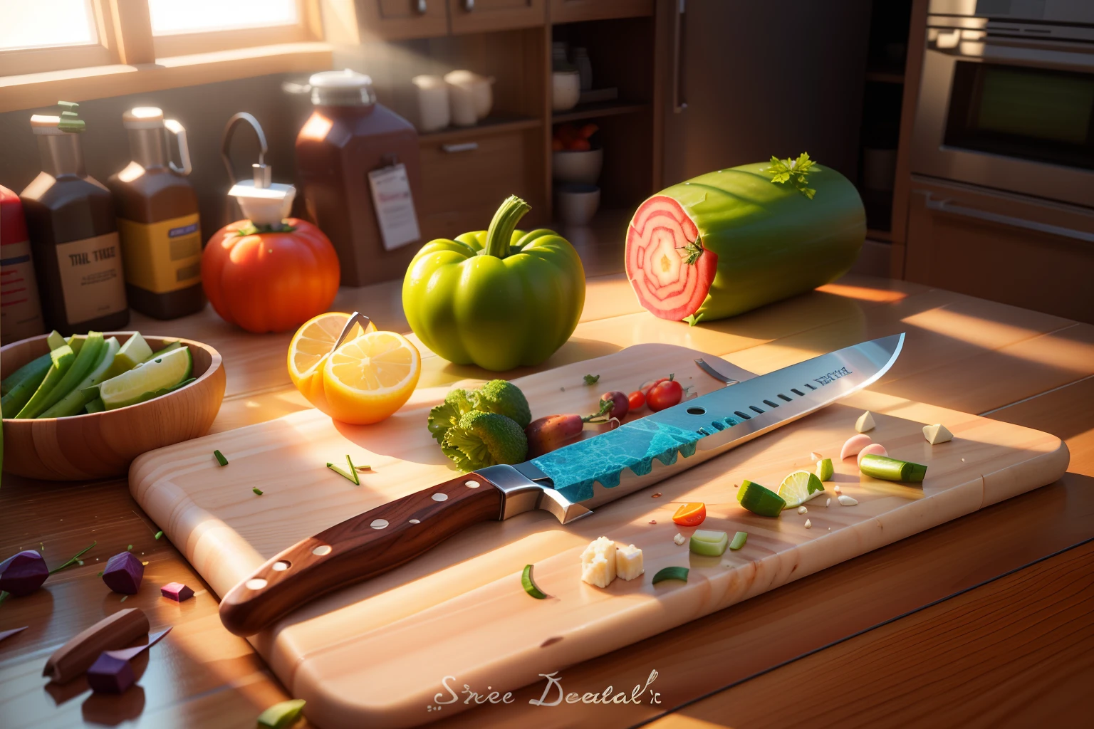 there is a knife and some vegetables on a cutting board, super realistic food picture, hyperrealism concept art, hyper realistic detailed render, 3 d hyper realistic render, photorealistic cinematic render, realistic render, semi - realistic render, hyper realistic 3 d render, photorrealistic concept art, photorealistic render, photorealistic lighting, 3 d photorealistic render
