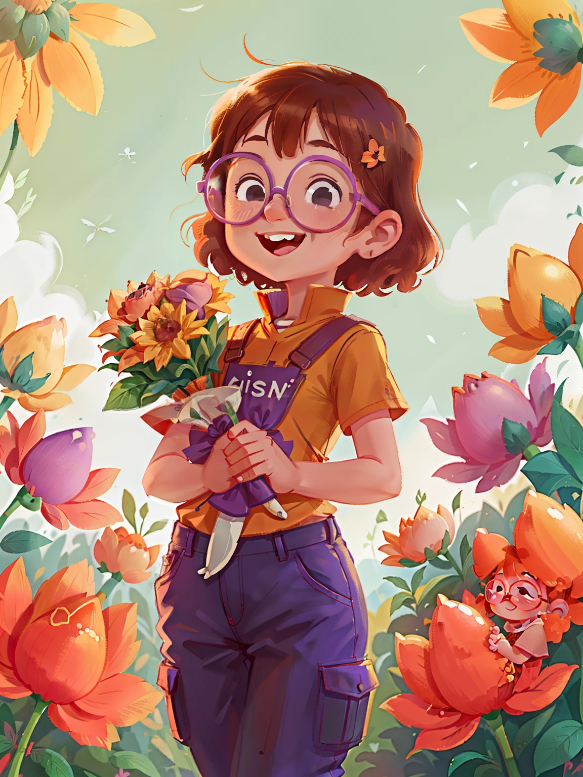 A girl with short hair,Orange glasses,Wear shirts and trousers,Little rabbit teeth,Happy smile,Holding a bouquet of orange champagne roses,In a sea of flowers of purple lavender,Have fun,Convivial atmosphere,Sunny,tmasterpiece,Ridily details,Ultra-wide lens