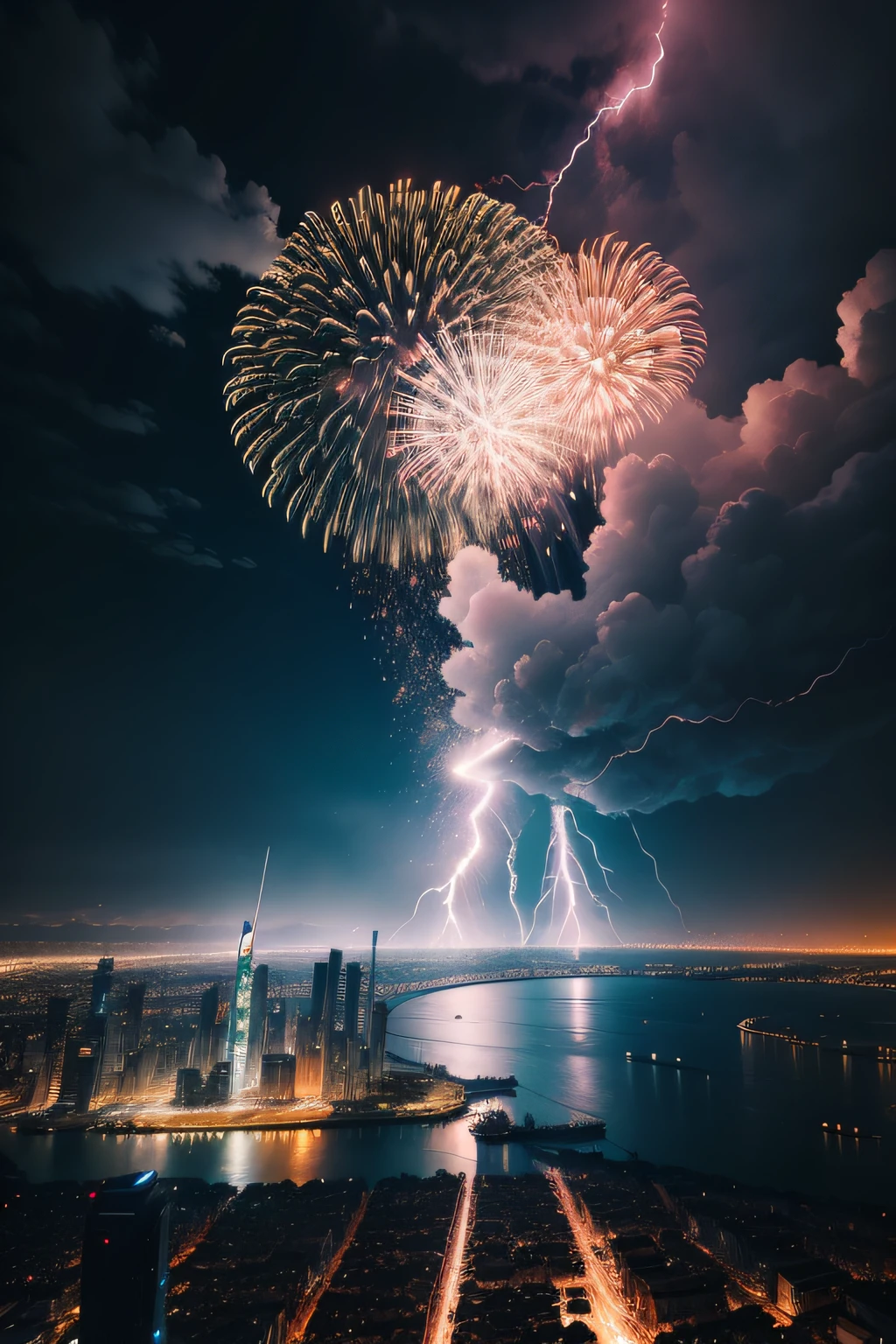 Fireworks and lightning in the city