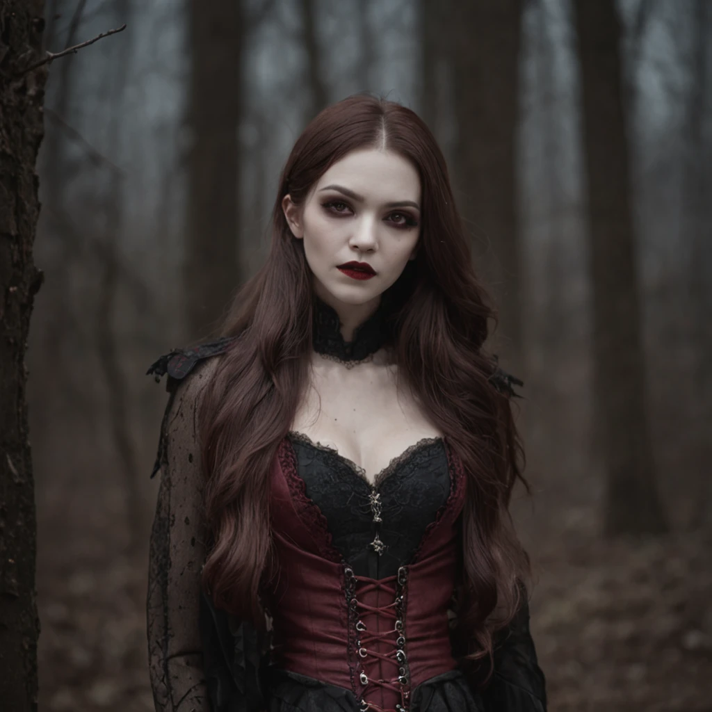 Vampires，Long fangs displayed in a gloomy atmosphere。