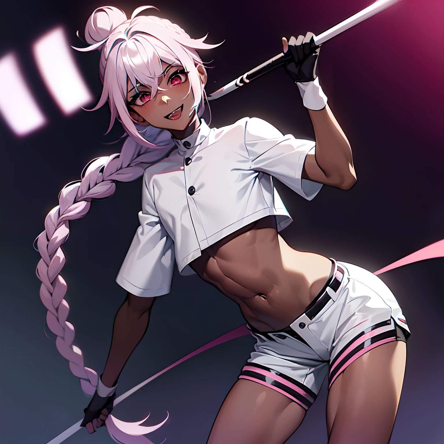 ((anime boy )), ((androgynous)),((Dark skin)), ((long white hair  with pink streaks)),(( hair Styled  into a Bun and braided ponytail )),((Red eyes)) , (Tall),(thin, average hips),(White half jacket), ((hot pink  Crop top)) ,(Skimpy white shorts) ,  heart face marking,evil aura, crazy smile , ((Pop Idol)) , ((yandere: 1.5)), ((Masterpiece)), High Aesthetic, ((high quality )),((1boy, Solo)),gigantic  ass, massive thighs, bottom heavy