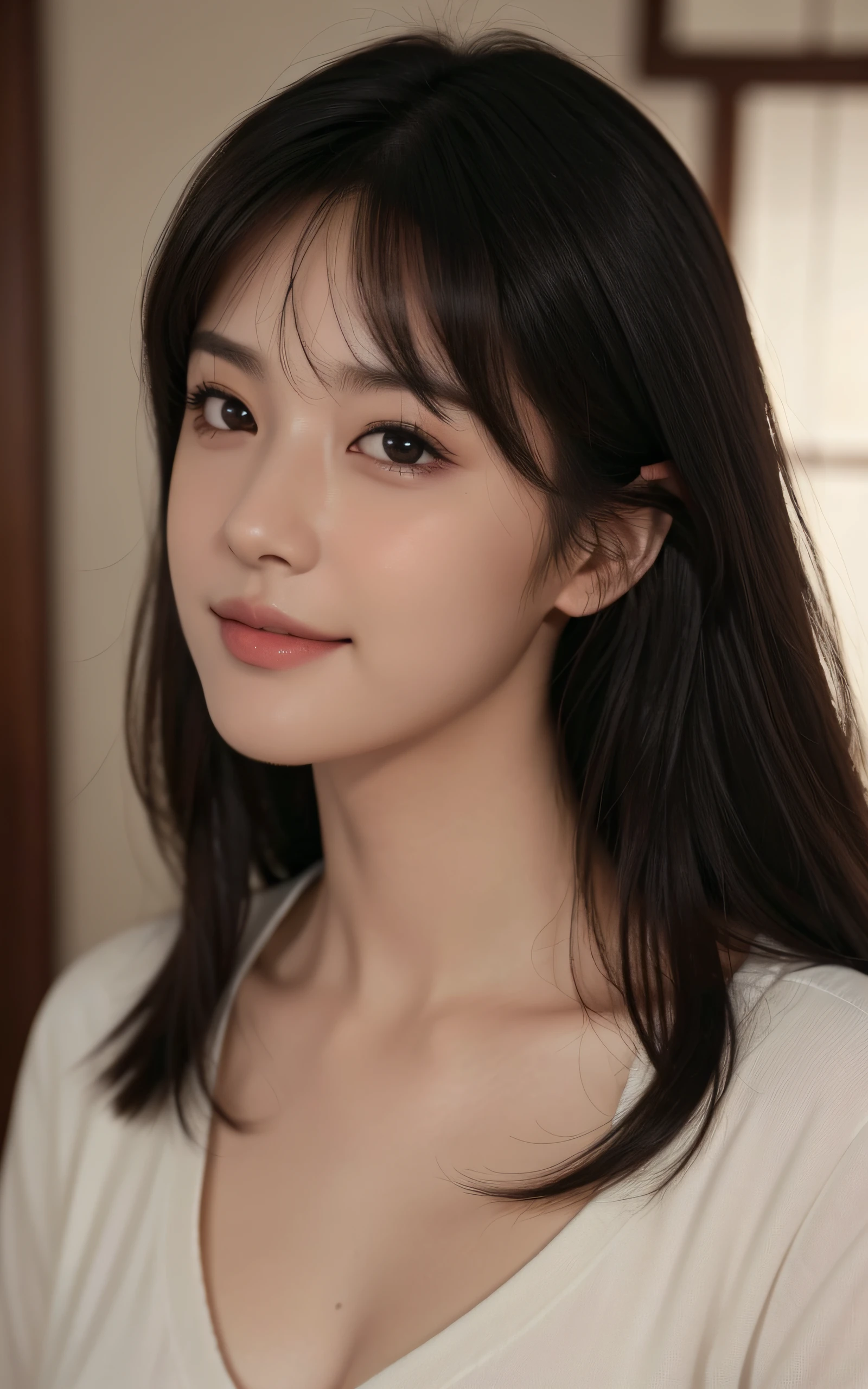masterpiece, The highest image quality, High quality, Beautiful woman, Japanese, Detailed, Swollen eyes, Detailed eyes, Detailed skin, Beautiful skin, Ultra High Resolution, (reality: 1.4),Very beautiful, Slightly younger face, Beautiful skin, slender, (A hyper-realistic), (Illustration), (High resolution), (8K), (Very detailed) (Best Illustration), (beautifully detailed eyes), (super detailed), (Wallpaper), (Detailed face), Looking at Viewer, Fine details, Detailed face, Smiling, Looking straight ahead, Looking straight ahead, angle from waist up, photos realistic, Bright lighting, Professional Lighting, Shoulder-length straight hair swaying in the wind, Mature Woman, Bangs, indoors