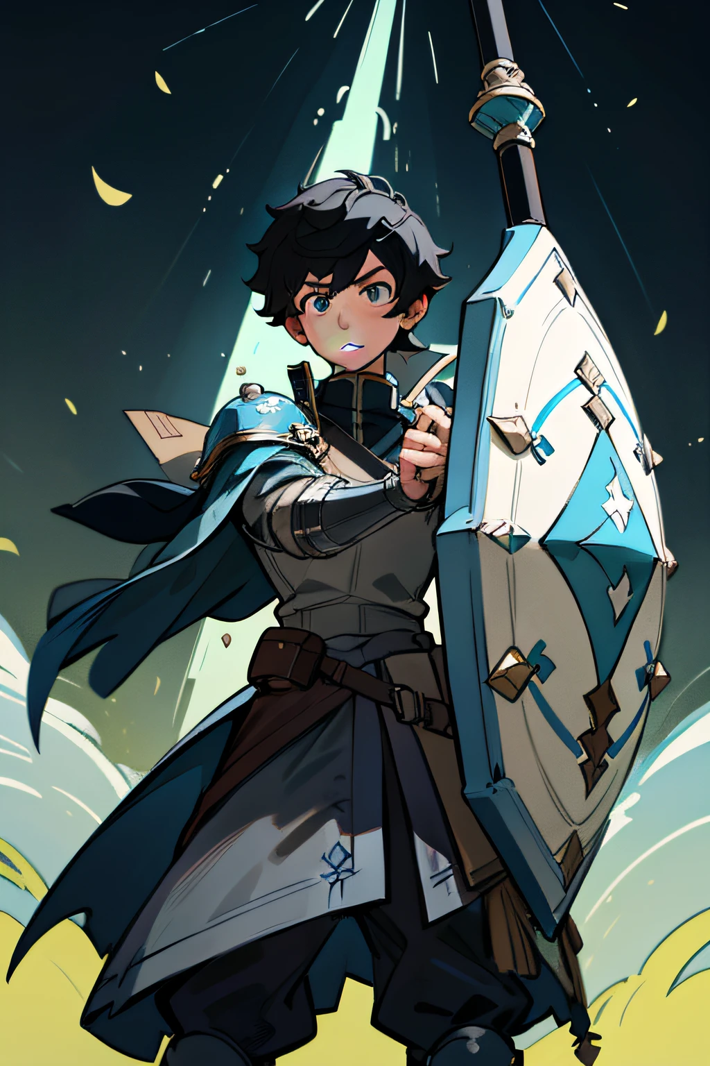 "creates an original character inspired by Naofumi Iwatani from The Rising of the Shield Hero. Extremely detailed 8k and ultra HD quality anime masterpiece. Male character, Mexican, Genshin Impact style, black hair. Holds a medieval mace in his right hand ,Creation of a human cleric in steel armor, pale blue-grey in hue, wielding a Great Shield inspired by the order great shield granblue fantasy.Exceptionally detailed white clothing.Ultra-detailed face capturing correct anatomy and physics."