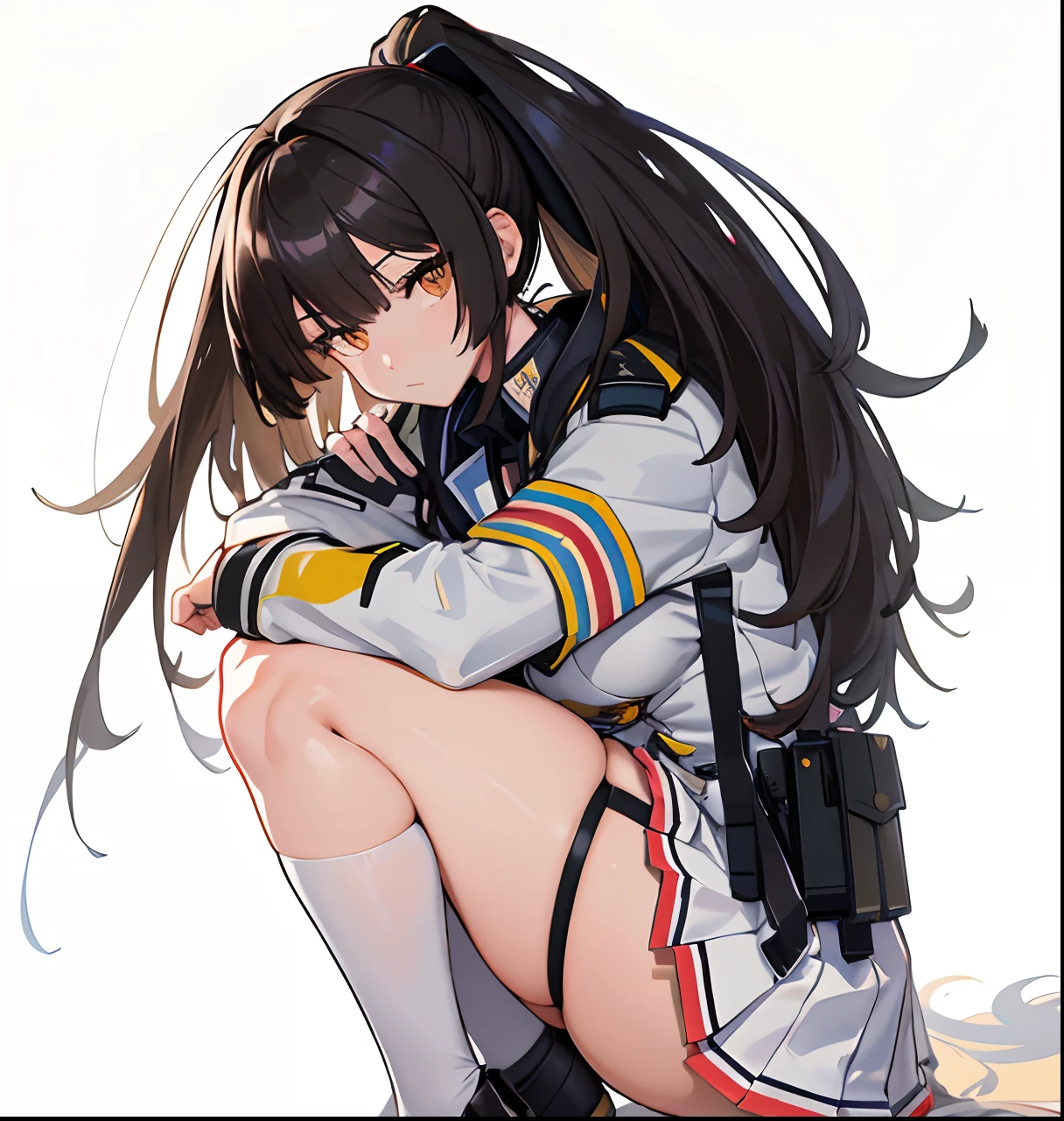 best quality, masterpiece, highres, solo, {isokaze_kantaicollection:1.15}, black_hair, long_hair, red_eyes, ribbon, hair_ribbon, serafuku, tress_ribbon, smile, blush, 1girl, asymmetrical_legwear, gloves, kneehighs, pleated_skirt, school_uniform, single_sock, single_thighhigh, skirt, thighhighs, uneven_legwear, white_gloves, long_sleeves, single_kneehigh, socks, looking_at_viewer, machinery, white_background