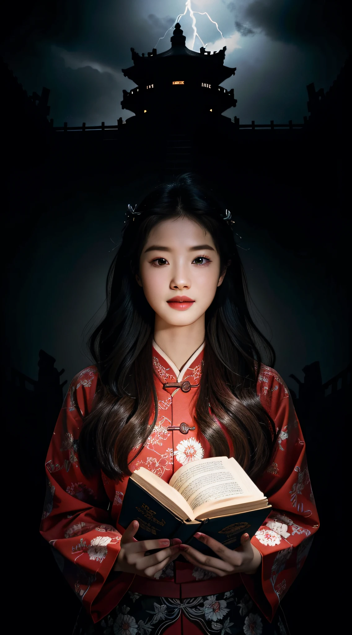 realisticlying (An illustration of a book:1.1) af (hell:1.3) , intricate composition , , A detailed, Epic gloomy sky,Lightning, Chinese ancient style,A woman who is,Beautiful face,delicated,With a smile on the corners of his mouth,A detailed,Stand in front of a Republican-era village