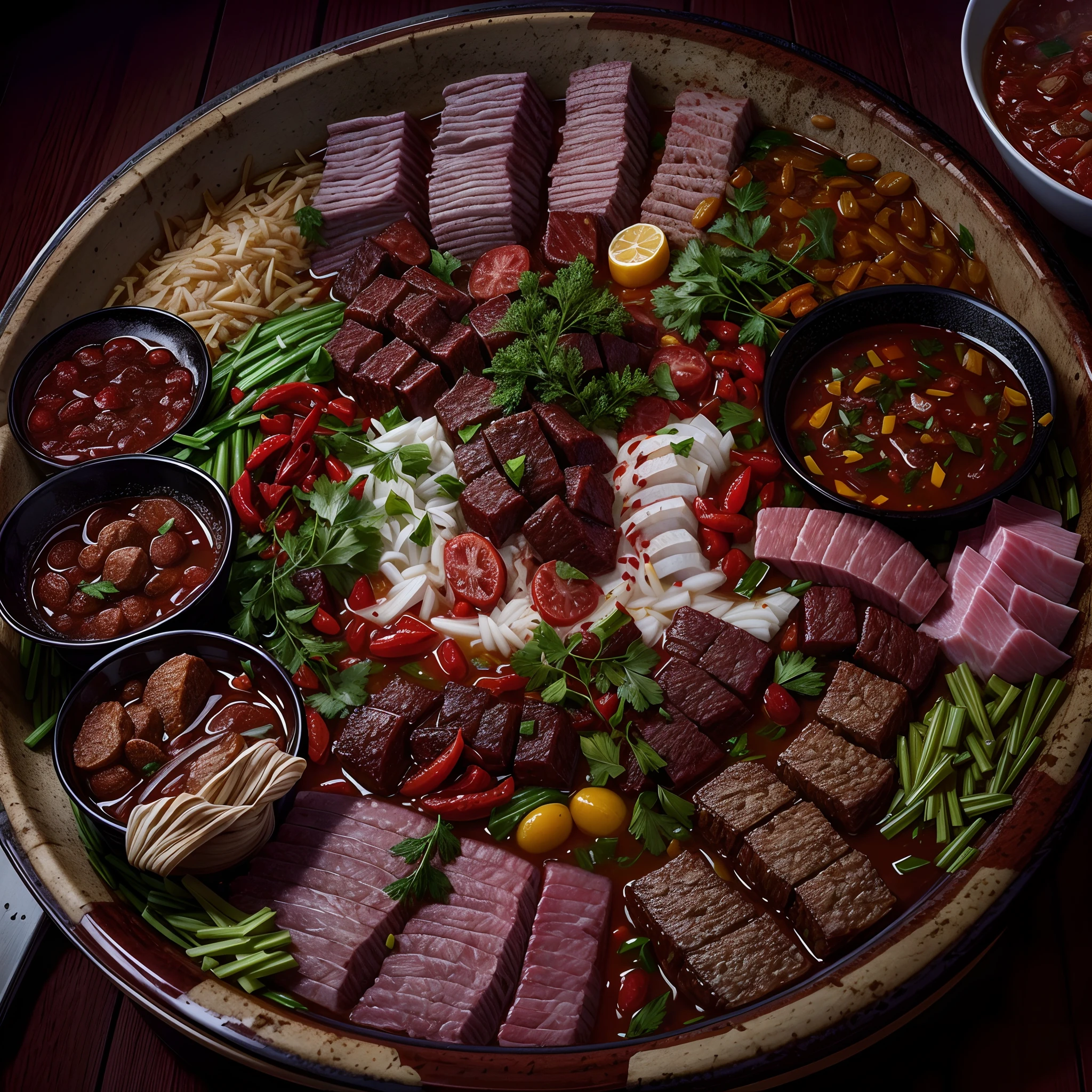 High angle of view,hot pot,chili pepper,Beef slices,Ham sausage,tmasterpiece,4K,strong lights,lightand shade contrast