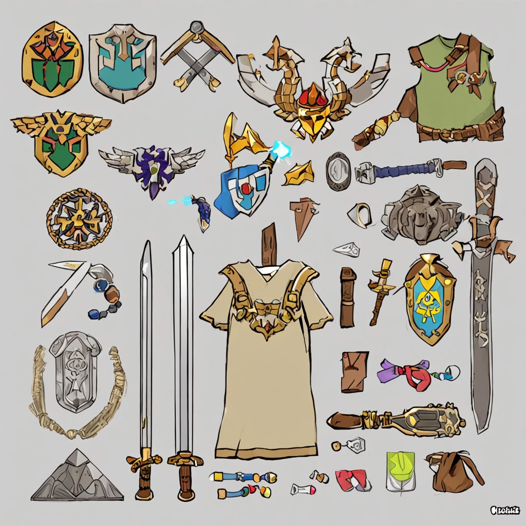 ::style (knolling), the legend of zelda, tloz, items, sword, clothes, shield