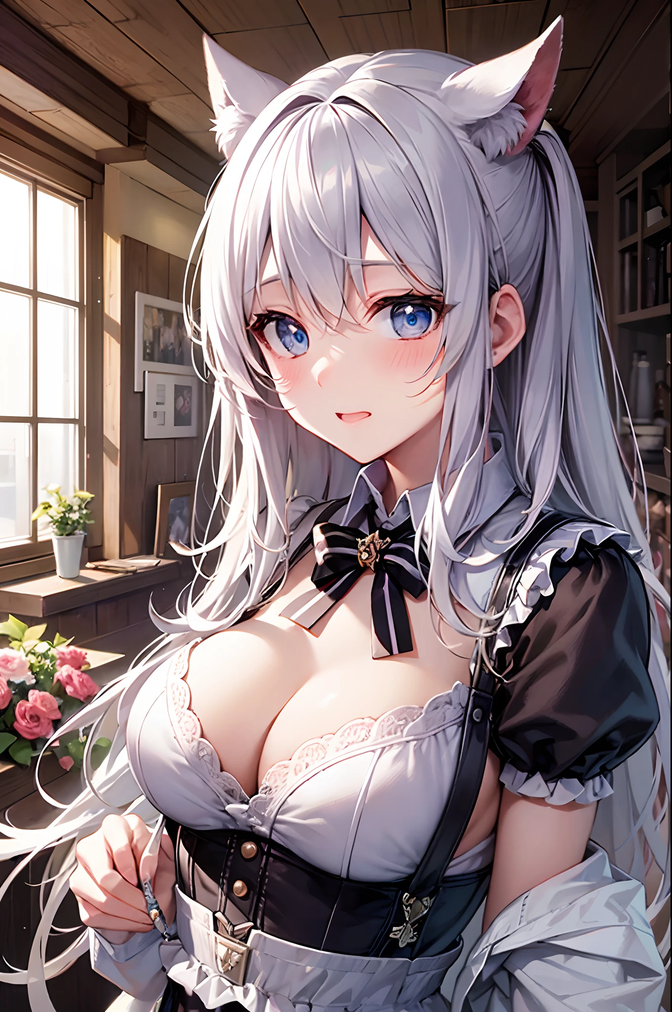 Best Quality, ultra-detailliert, Illustration, silber hair, Aimei, suspenders, embarrassed from,cute face,beutiful breast