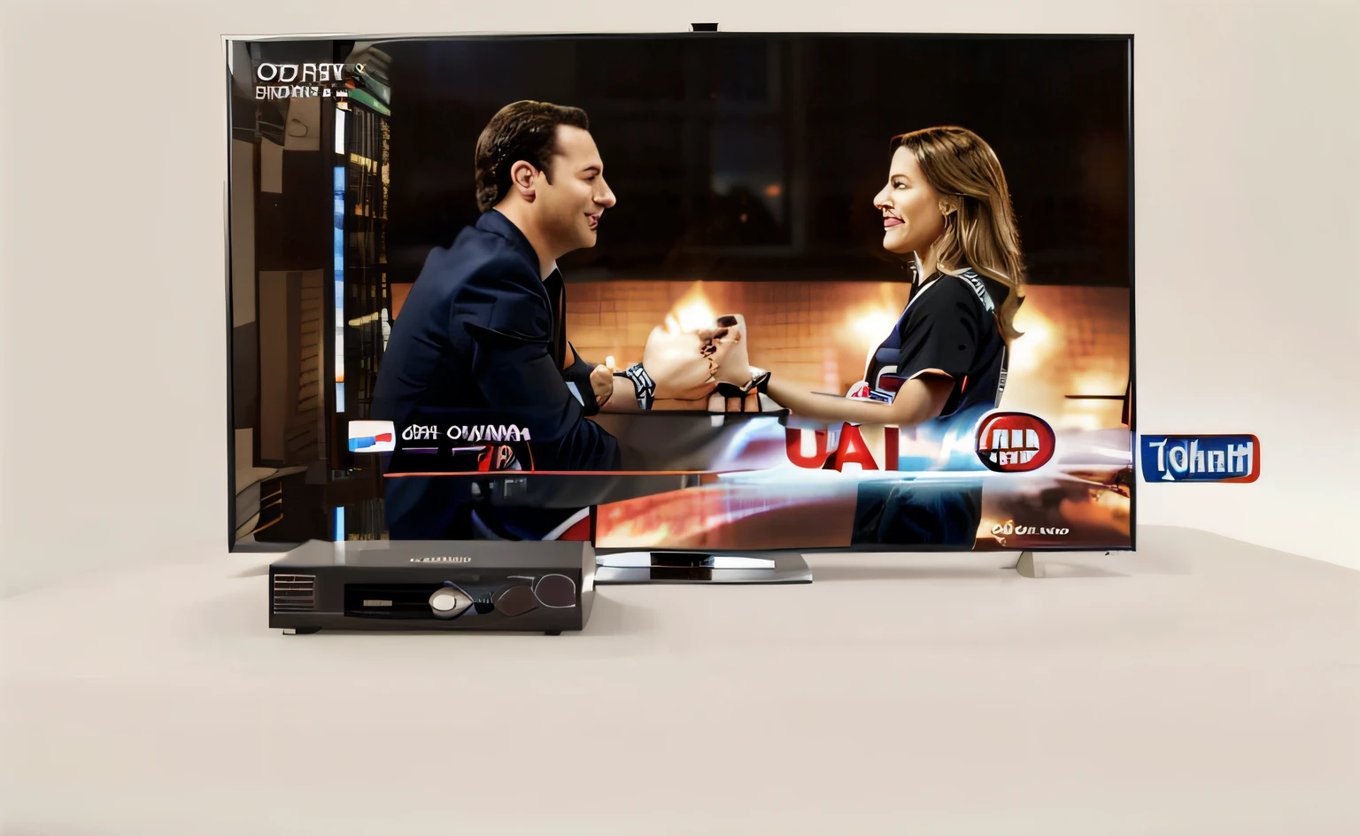 Arafad TV with man and woman on screen, Tv, promo image, ESPN, Enhanced, Clear detail, in the background, bottom angles, 5 feet away, Ultra HD 8K hidden messages, advertisement picture, tv show, a wide full shot, tvp, medium close up shot, fan favorite, mid closeup, Outstanding detail, tv commercial