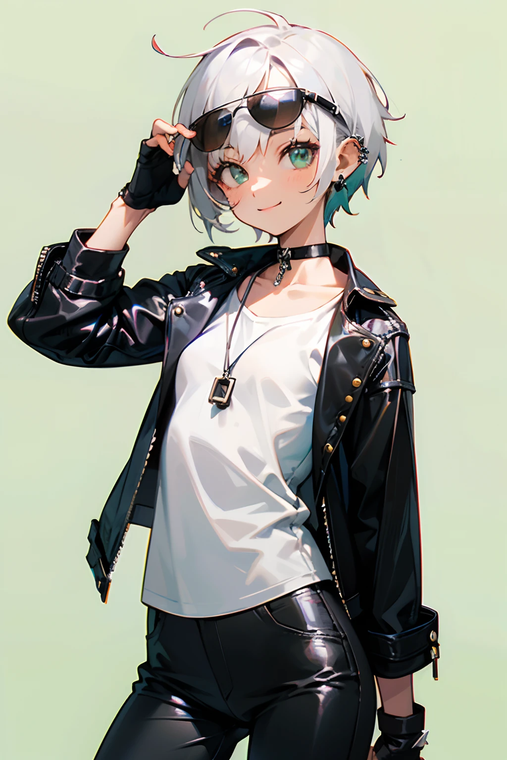 girl, (Short hairstyles with white hair),((Aviator Sunglasses)), (Tomboy), Big smile, Street Bandit Clothing, Leather jacket, White T-shirt, Small breasts, Black leather jacket, Street Bandit Leather Pants with Silver Chain, spike choker, Piercing ears, Fingerless gloves, Light green background, Glasses lowered, Easy to live 2D, Flat Art