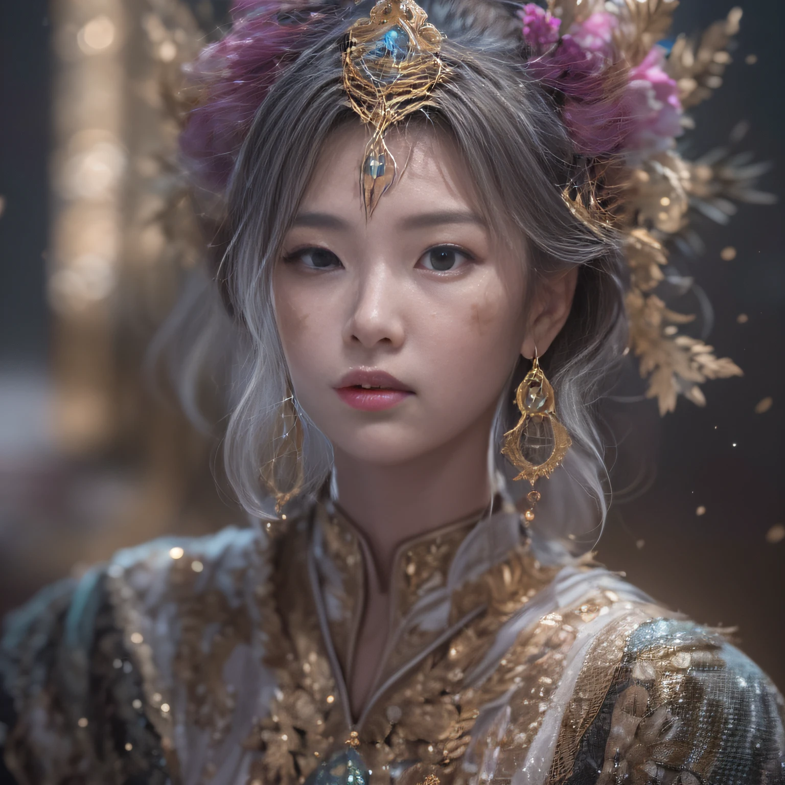 32K（tmasterpiece，k hd，hyper HD，32K）short detailed hair，Gold jewelry area in the back room，Flame Girl ，Yao Lang protector （realisticlying：1.4），Python pattern robe，Purple-pink tiara，Snowflakes fluttering，The background is pure，Hold your head high，Be proud，The nostrils look at people， A high resolution， the detail， RAW photogr， Sharp Re， Nikon D850 Film Stock Photo by Jefferies Lee 4 Kodak Portra 400 Camera F1.6 shots, Rich colors, ultra-realistic vivid textures, Dramatic lighting, Unreal Engine Art Station Trend, cinestir 800，Hold your head high，Be proud，The nostrils look at people