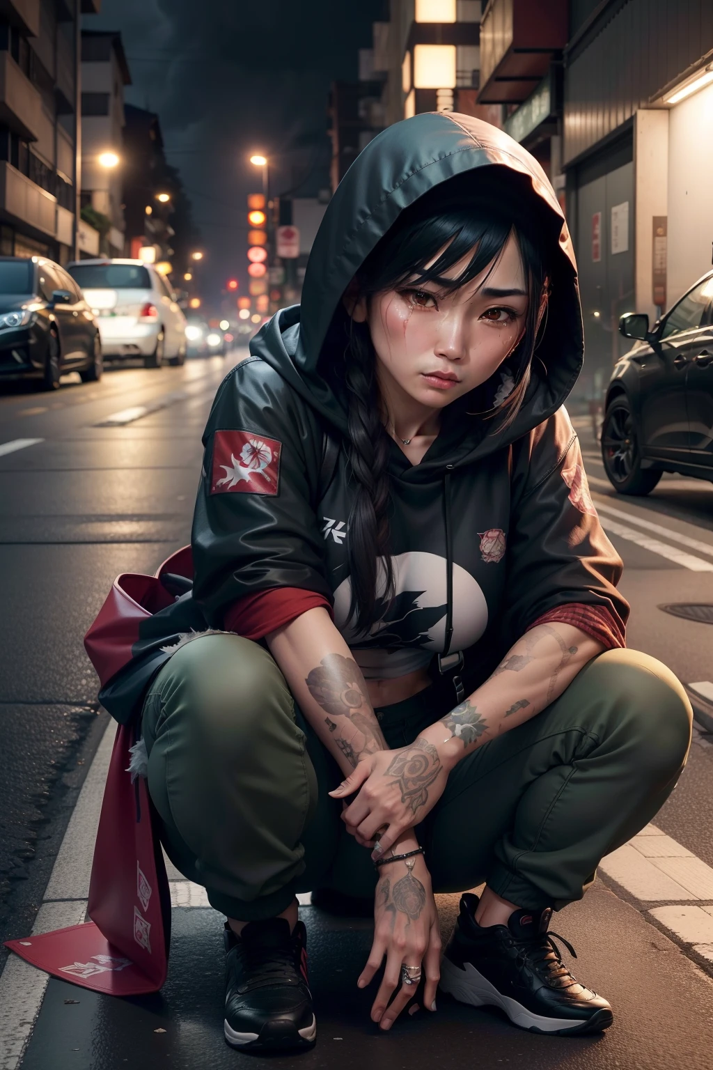 duas Mulheres japonesas com tatuagens yakuza usando uma regata, military pants and a hood with a torn hood, sitting on a sidewalk on the street during a storm at night and crying with an expression of sadness