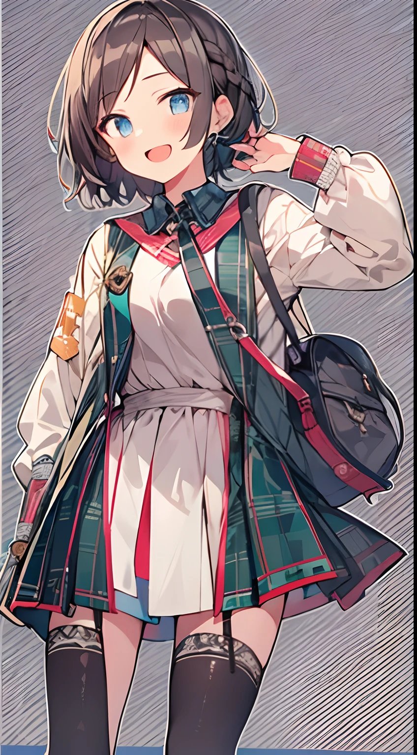 masutepiece, Best Quality,Illustration, Wallpaper, Ultra Detail, 1girl in,Solo,Beautiful detailed eyes,Very thick contour lines、Medium Short-Cut Hair、Short, Braided hair、(student clothes)、Dark hair color、Open mouth and big smile、Kamimei、Angle from which you can see the whole body、Overlooking angle:1.2、small head、ample breasts