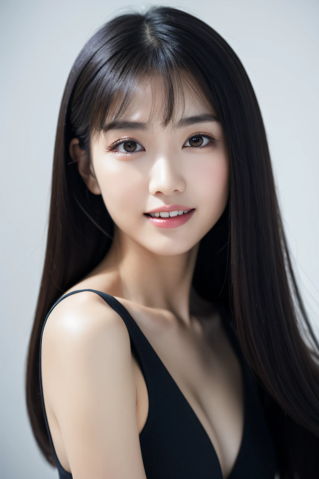 Hyper realistic, supernatural, beautiful and stunning oval face, Chinese young beauty, wearing tight and comfortable dress, full-body photograph, seductive long legs, captured with a Sony A7R equipped with an F1.2 lens, long straight black hair, beautiful and expressive eyes, ultra-detailed face, detailed lips, detailed eyes, double eyelid, Complex Details, Cinematic feel, 8K, highlydetailed, radiant smile, indoor professional photo shooting, ((photography studio)), studio light