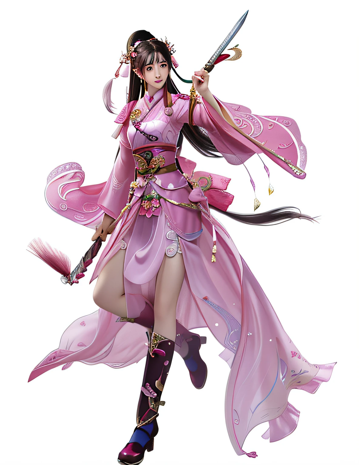 A woman in a pink dress holds a sword and a pink dress, full-body xianxia, full-body wuxia, Yitian Zhao Min，Lizi Zhao Min