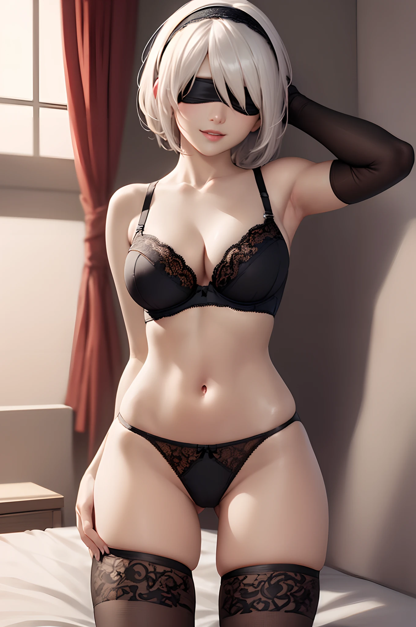 (masutepiece:1.5),(the Extremely Detailed CG Unity 8K Wallpapers,Beautiful breasts,Farbe_aberration,beautiful detailed shadow,Beautiful body,Beautiful skin,beautifull hands,1girl in,Solo:1.5),(from a_Behind,Beautiful ass,Beautiful back:1.4),(Realistic, hyper realisitic:1.5),(Big black blindfold:1.5),(Curve,Model,glamor:1.5),(narrowwaist:1.5),Yorha No. 2 Type B,2b nier automata, 2b from nier automata, 2 b from nier automata, (Hide your hands behind your head:1.4),(White hair,Short hair:1.5),(Seductive smile:1.5),(Kneel:1.5),(realisitic,Hyper-detailing:1.5),(Large breasts:1.5)(spreading legs:1.5),(Gravure Pose:1.3),(Bedroom,on the bed:1.5)(Curve,Model,glamor:1.5),动态照明、(Glossy skin:1.5)、(masterpiece,top-quality:1.5)、absurderes、(intricate underwear:1.5),(limited pallete:1.5),(cowboys_shot:1.3),(Realistic hair,Glassy hair:1.5),Women in Lingerie,Seductive Girl、beautiful alluring female、 beautiful alluring 、attractive girl、beautiful a girl、Beautiful Sexy Woman、a sexy girl、(perspiring,Small underwear:1.5)、beautiful artwork、finely detail、best girl、detailed digital art、耳Nipple Ring、jewely、(Ren Hao,Lace trimmed bra,lace-trim,an lingerie,lace trimmed legwear,Black lace:1.3),up looking viewer,a navel、(Black thighs,shairband, black hairband:1.5), Parted lips,A MILF,(Huge breasts),(Shiny skin:1.3),Anime girl in black underwear and wearing black blindfold posing for photo,2 b, 2b, , Very detailed ArtGerm, Trending on ArtStation pixiv