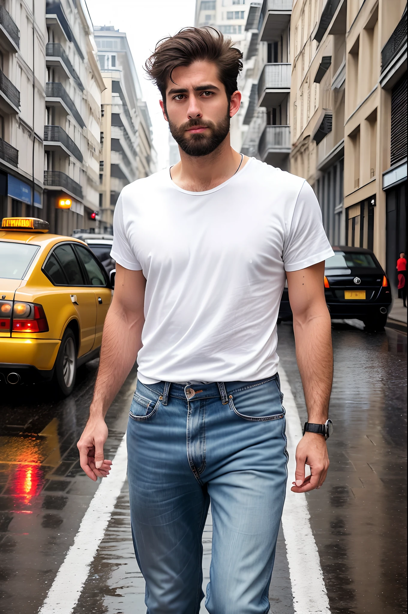 (RAW photo, best quality, highest quality, masterpiece:1.2), (realistic, photo-realistic:1.37), ultra high res, (1 man 32 year's old, light french cut, Tirkish handsome:2.0), (summer night:1.3), (white round neck plain Tee-shirt, regular fit baggy Tee-shirt, grey bottom fold regular fit lose jeans:1.3), (standing on a street, wet wide road:1.4), high rise buildings, traffic, cars, yellow cabs behind, rainy weather, headlights, walking style, rainy atmosphere, full body, Black cut shoes, model style Posing, carrying leather laptop bag on shoulder, (focus face:1.3), (high contrast:1.1), (detailed background:1.3), dynamic pose, intricate detail, delicate pattern, (vibrant, colorful:1.3), (high sharpness), middle eastern guy, fashion posing, short black hairstyle, plain regular fit lose Tee-shirt no printing on Teeshirt, light french beared, Turkish boy in walking style.