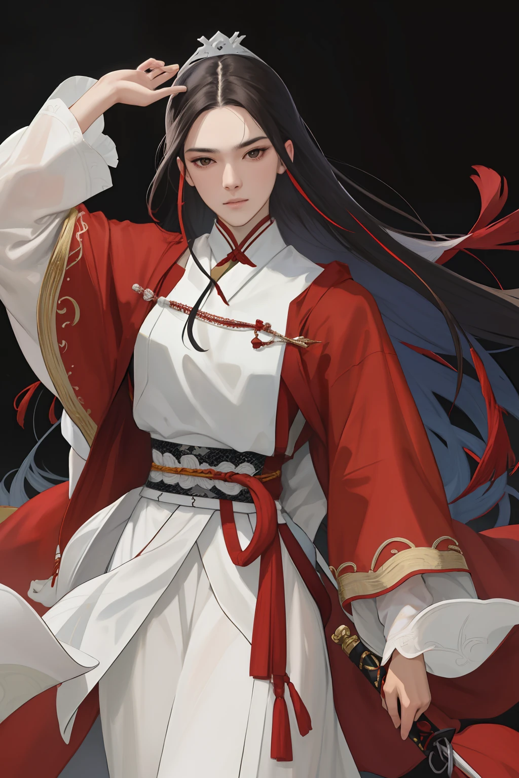 NSFW, obra-prima, melhor qualidade, ultra-detalhado, semi-realista, detailedfacialfeatures, 1woman,usando roupas velha wuxia,audaz,cabelos negros e olhos negros,voluptuosa,sensual,roupa vermelha ,holding a long sword in his left hand,olhar sedutor,sexy