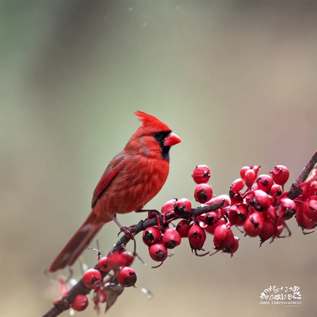 red cardinal bird with red berries and white flowers, Miki Asai Macro photography, close-up, hyper detailed, trending on artstation, sharp focus, studio photo, intricate details, highly detailed, by greg rutkowski