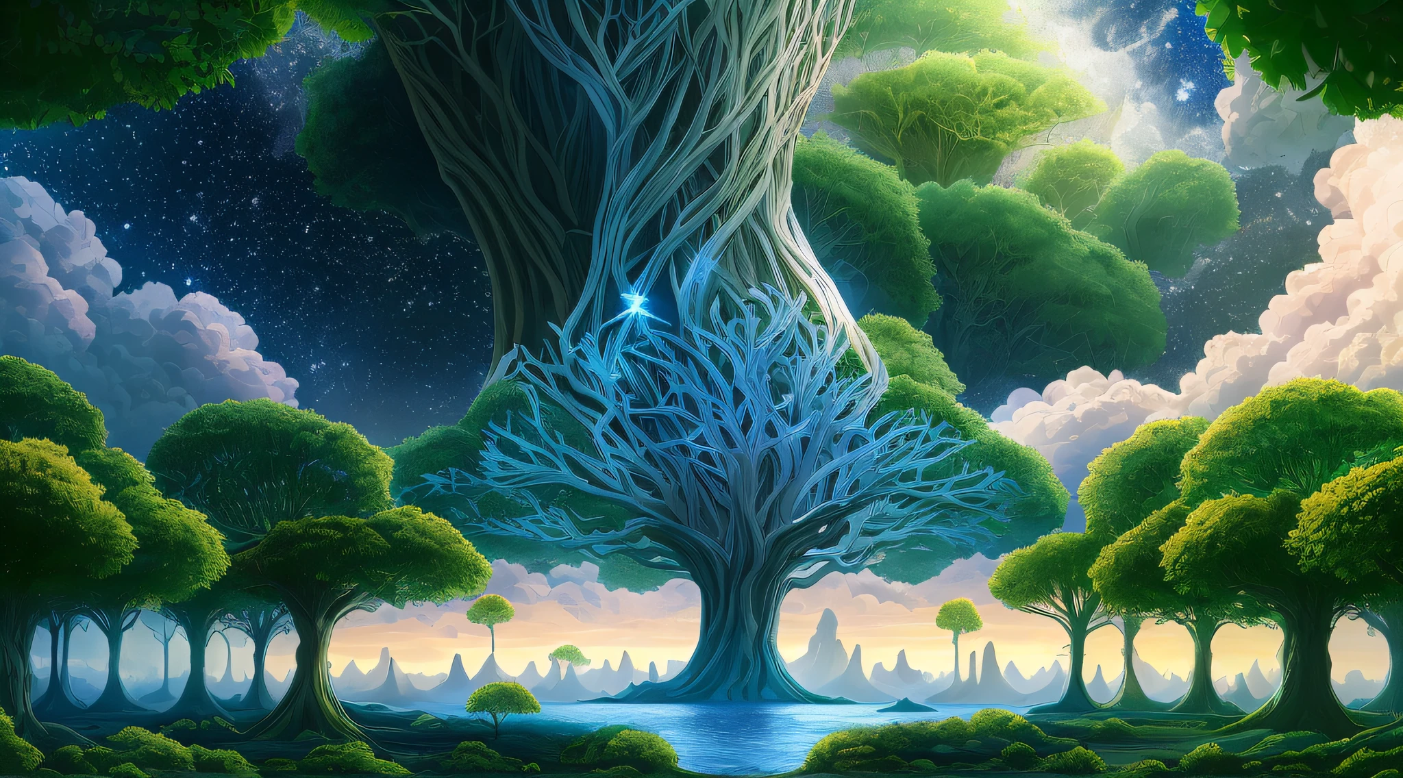 Illustration of a surreal, otherworldly, hyper sky scene including a giant crystal tree full body, highly detailed and magical lighting, intricate forest details, vegetation and surrounding river, solar punk, landscape, giant tree , beautiful green leaves, beautiful lighting and realistic proportions, as if this is a movie background, 8k, highest quality, masterpiece, clouds and stars in the sky.