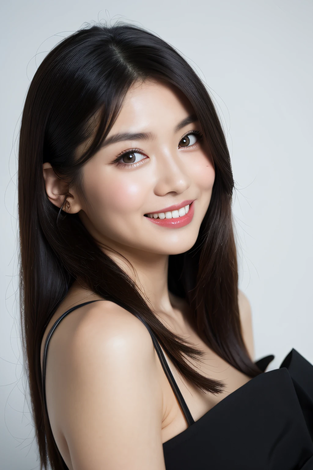 Hyper realistic, supernatural, beautiful and stunning oval face, Chinese young beauty, wearing tight and comfortable dress, full-body photograph, seductive long legs, captured with a Sony A7R equipped with an F1.2 lens, long straight black hair, beautiful and expressive eyes, ultra-detailed face, detailed lips, detailed eyes, double eyelid, Complex Details, Cinematic feel, 8K, highlydetailed, radiant smile, indoor professional photo shooting, ((photography studio))